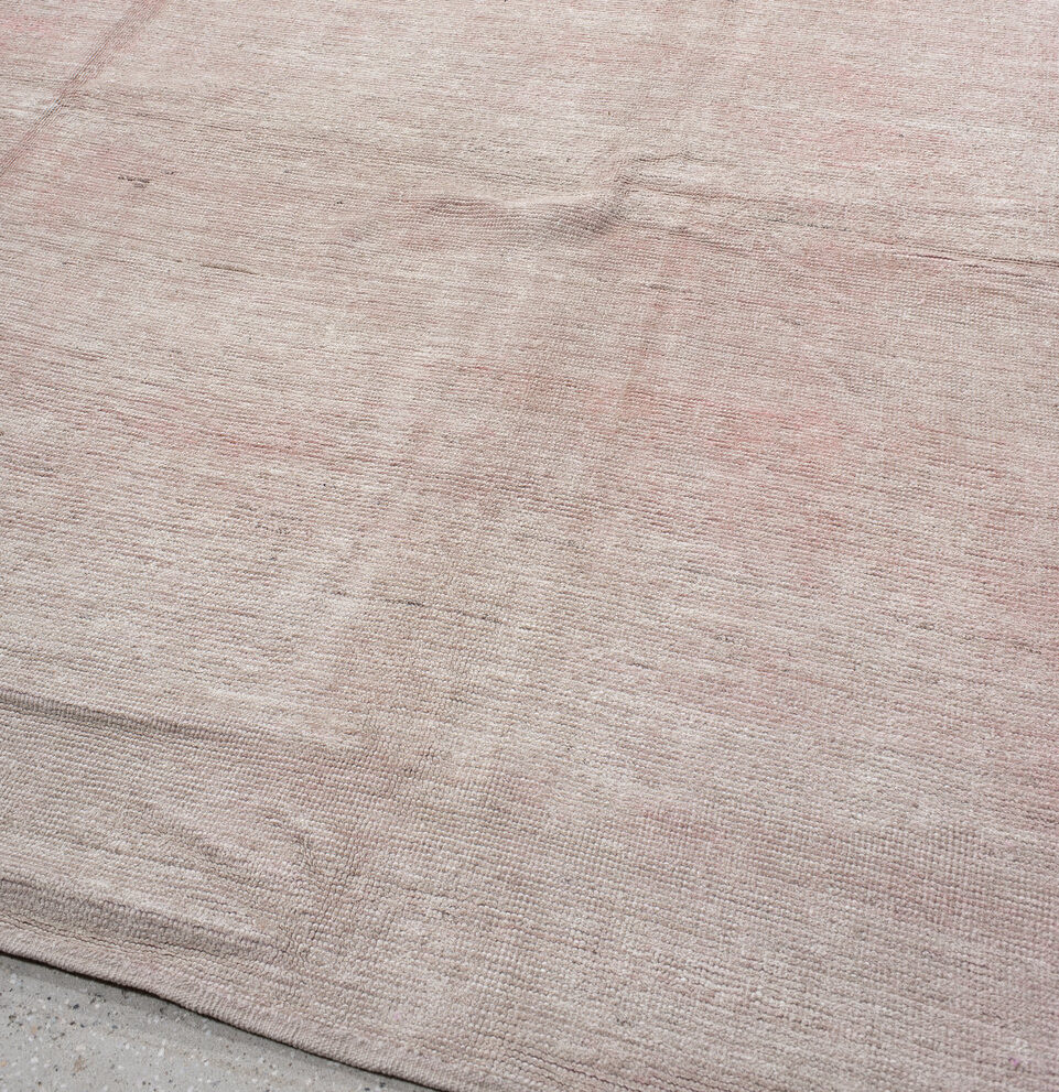 11' x 15' one-of-a-kind handmade vintage Tulu oversize rug. Color palette: gray, light gray, off-white, pink