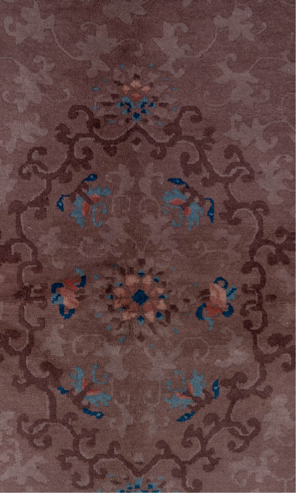 5' x 8' one-of-a-kind handmade vintage Chinese medium size rug. Color palette: blue, brown, gray, pink, red, rosy brown
