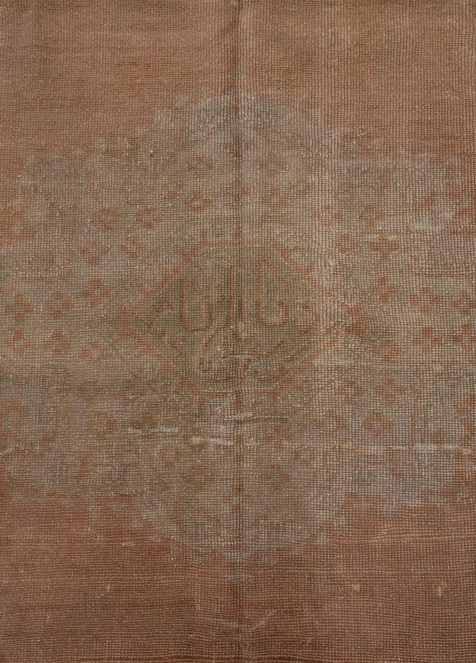 11' x 13' one-of-a-kind handmade vintage Oushak oversize rug. Color palette: brown, gray, pink