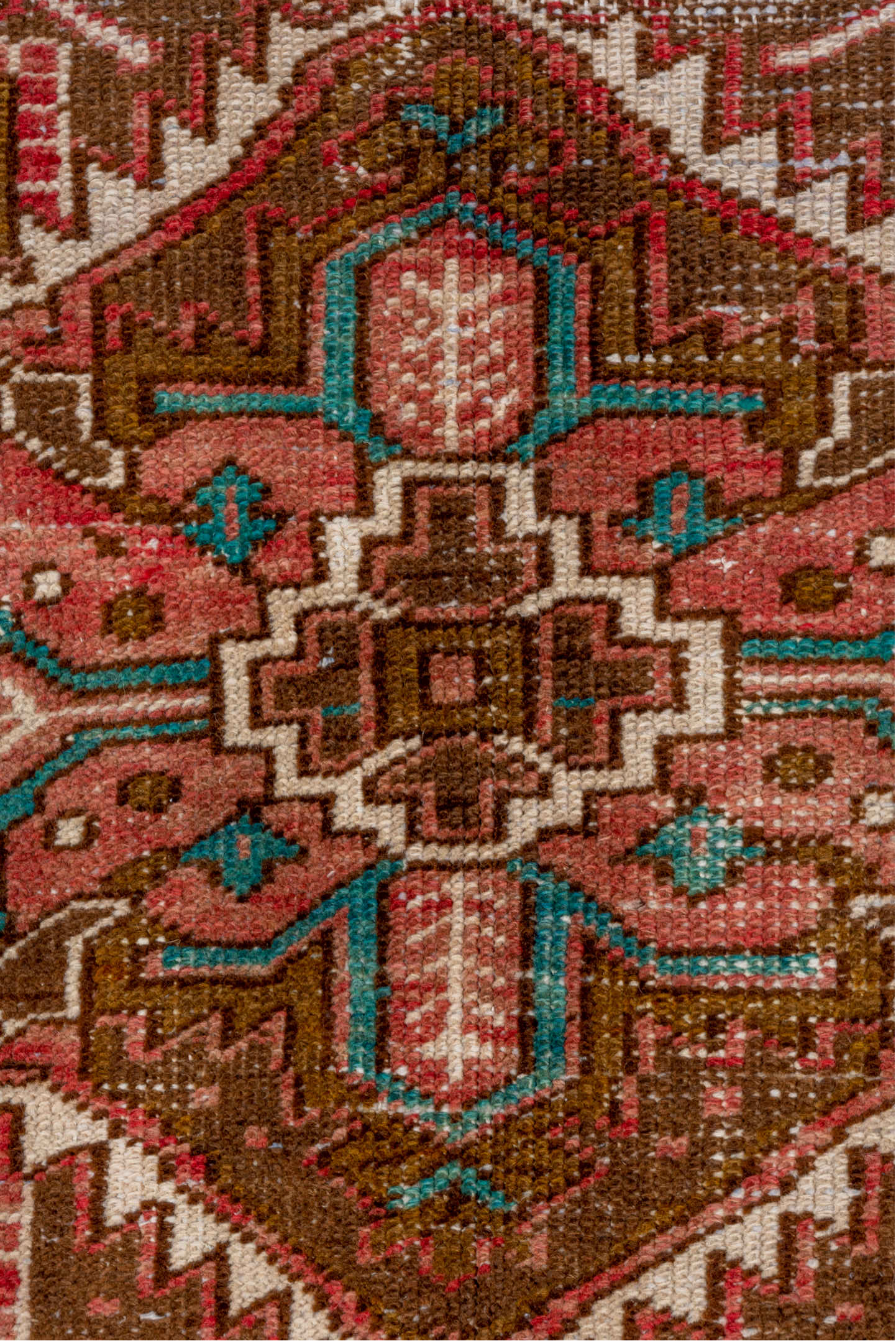 6' x 8' one-of-a-kind handmade vintage Heriz medium size rug. Color palette: blue, brown, gray, green, off-white, pink, red