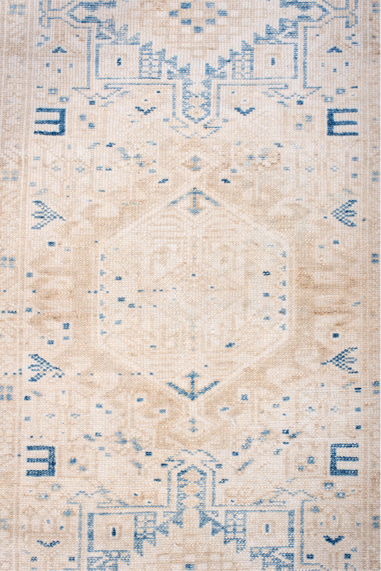 2' x 10' one-of-a-kind handmade vintage Karaje runner rug. Color palette: blue, floral white, gainsboro, ghost white, gray