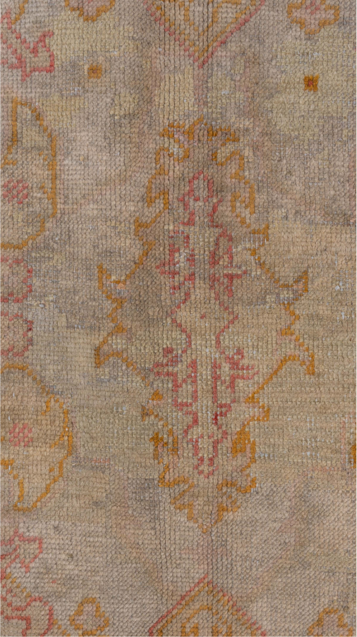 9' x 13' one-of-a-kind handmade vintage Oushak large size rug. Color palette: brown, gray, light gray, off-white, pink