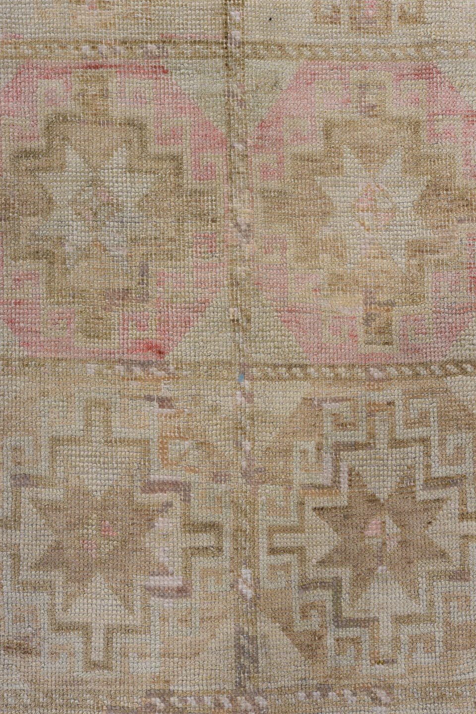 2' x 9' one-of-a-kind handmade vintage Oushak runner rug. Color palette: brown, gray, light gray, off-white, pink, red