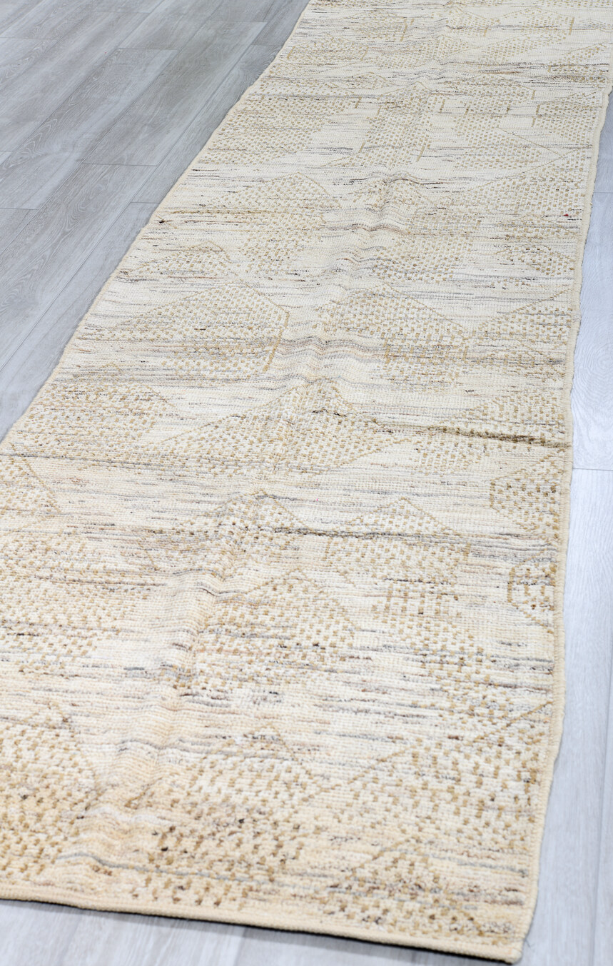 3' x 13' one-of-a-kind handmade vintage Tulu runner rug. Color palette: blue, brown, dark gray, gray, light blue, light gray