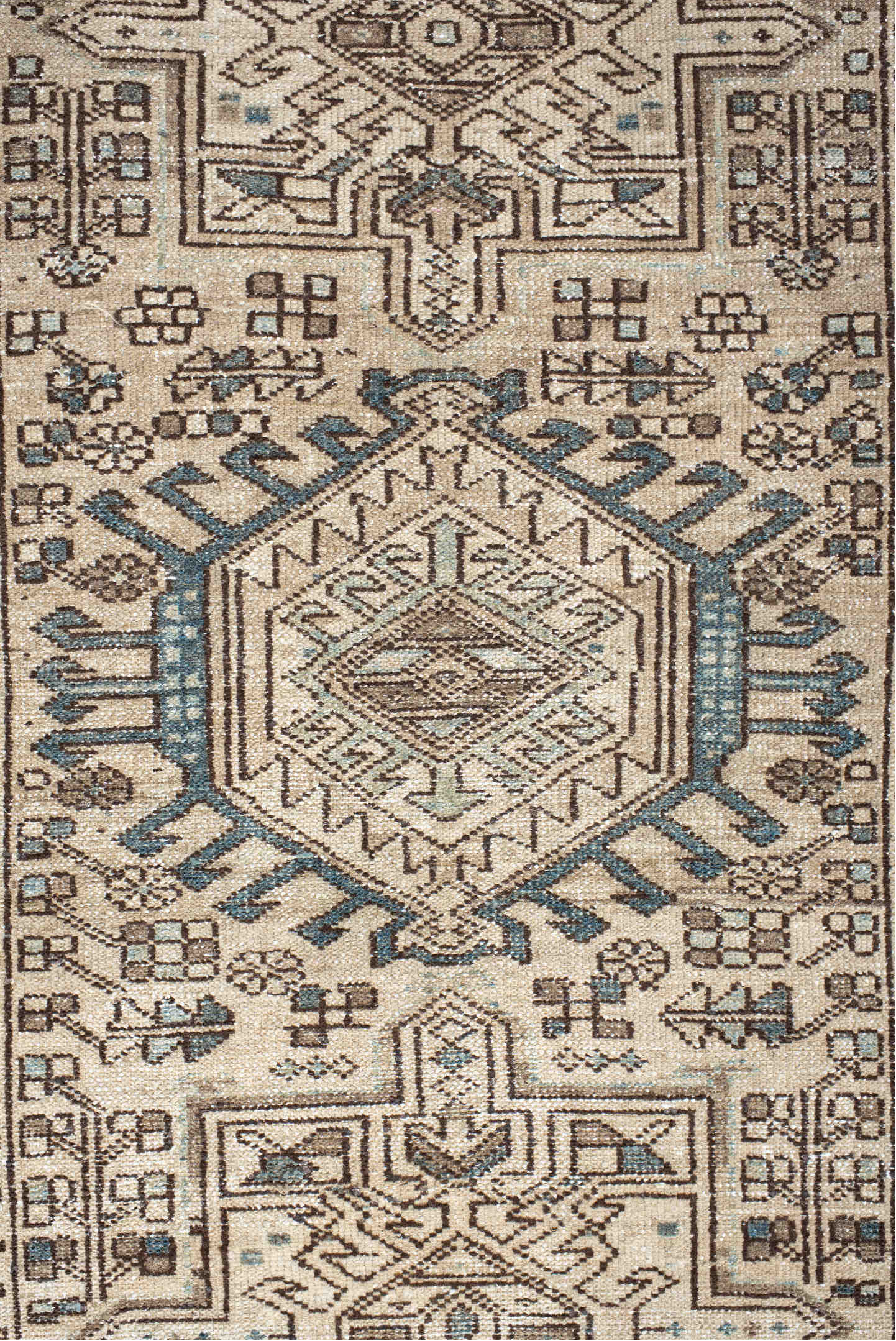 2' x 11' one-of-a-kind handmade vintage Karaje runner rug. Color palette: gray, off-white, pink, light gray, brown