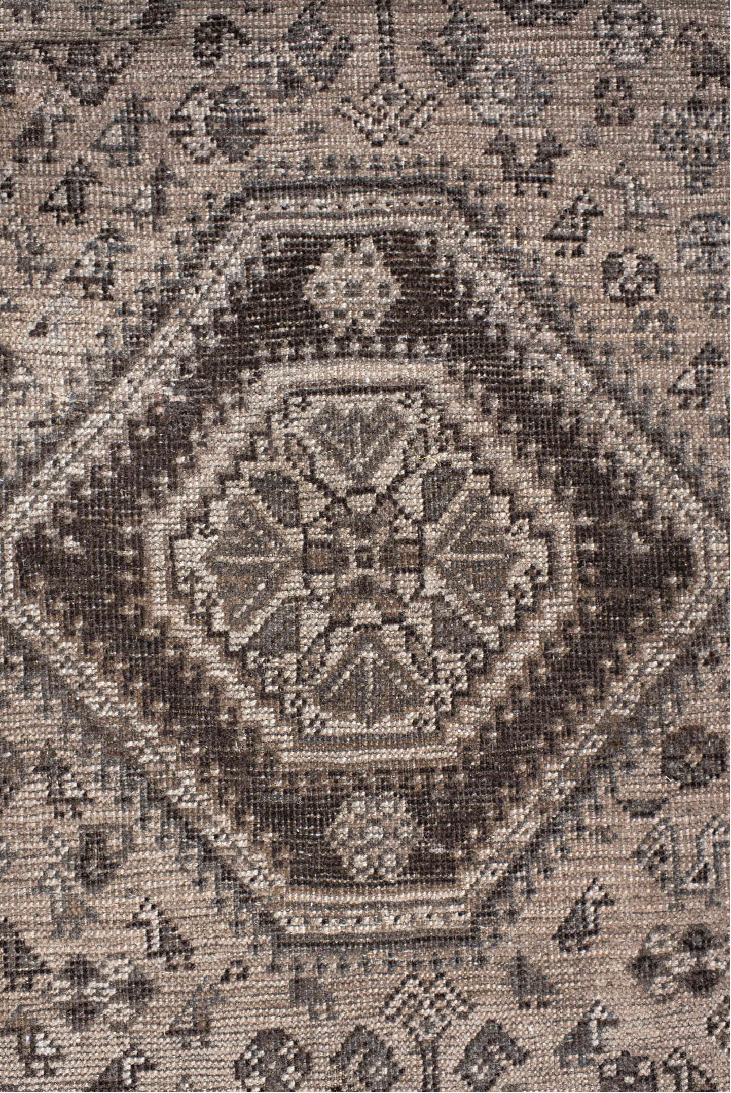 7' x 9' one-of-a-kind handmade vintage Shiraz rug. Color palette: black, brown, charcoal, dark gray, gray, light gray