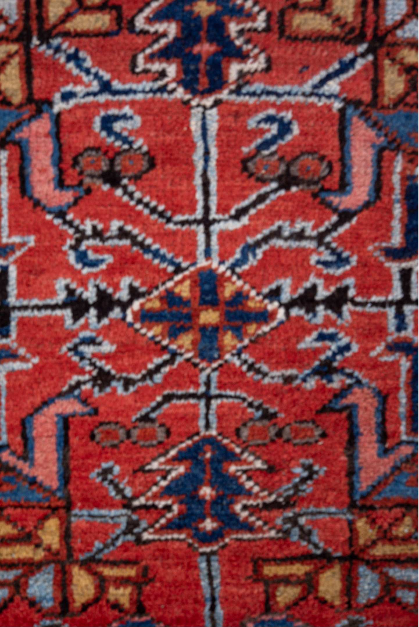 7' x 9' one-of-a-kind handmade vintage Heriz rug. Color palette: black, blue, brown, charcoal, gainsboro, gray, indian red
