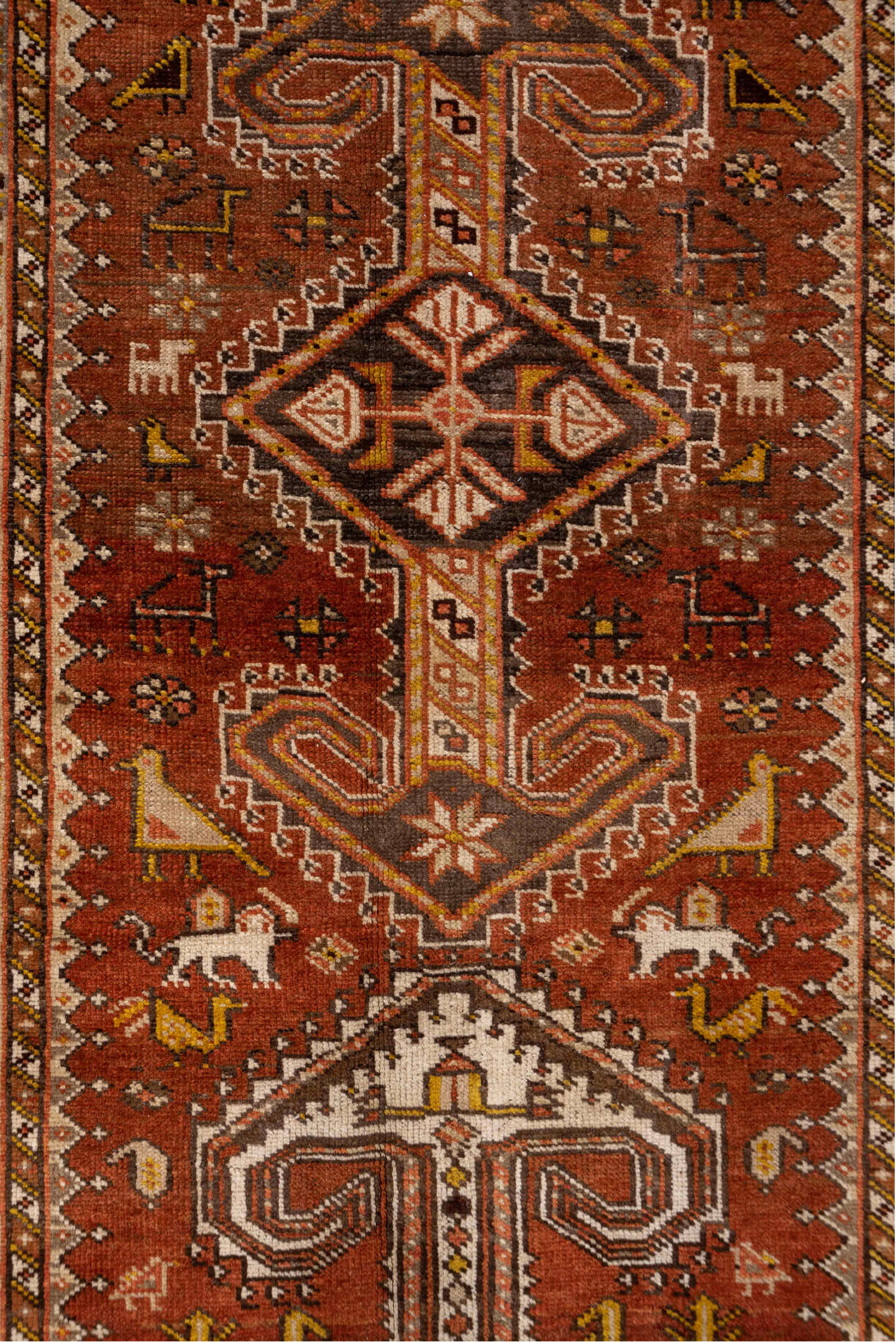 3' x 12' one-of-a-kind handmade vintage NW Persian runner rug. Color palette: brown, gray, pink, yellow