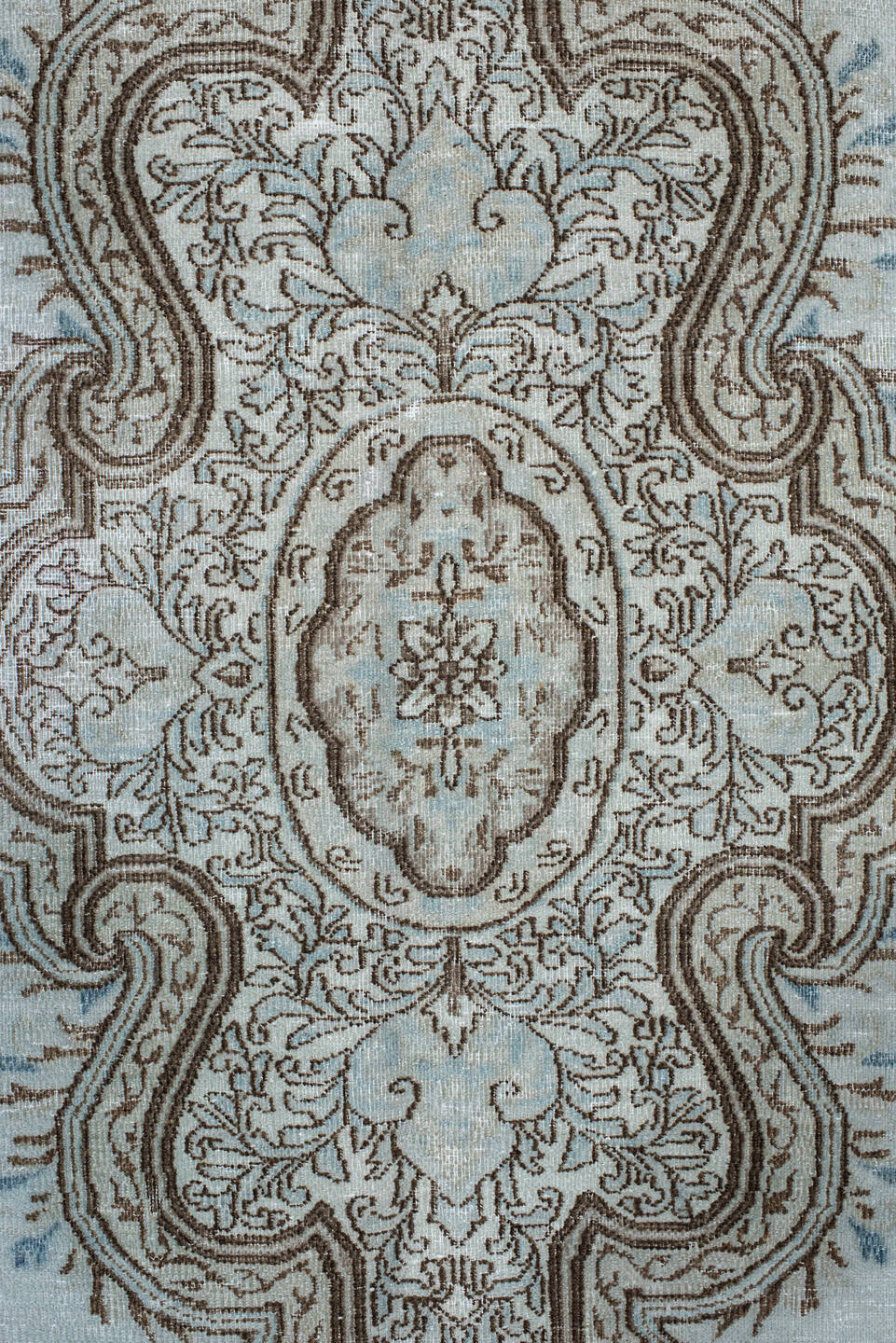 9' x 12' one-of-a-kind handmade vintage large size rug. Color palette: gray, light gray, off-white, light blue, black
