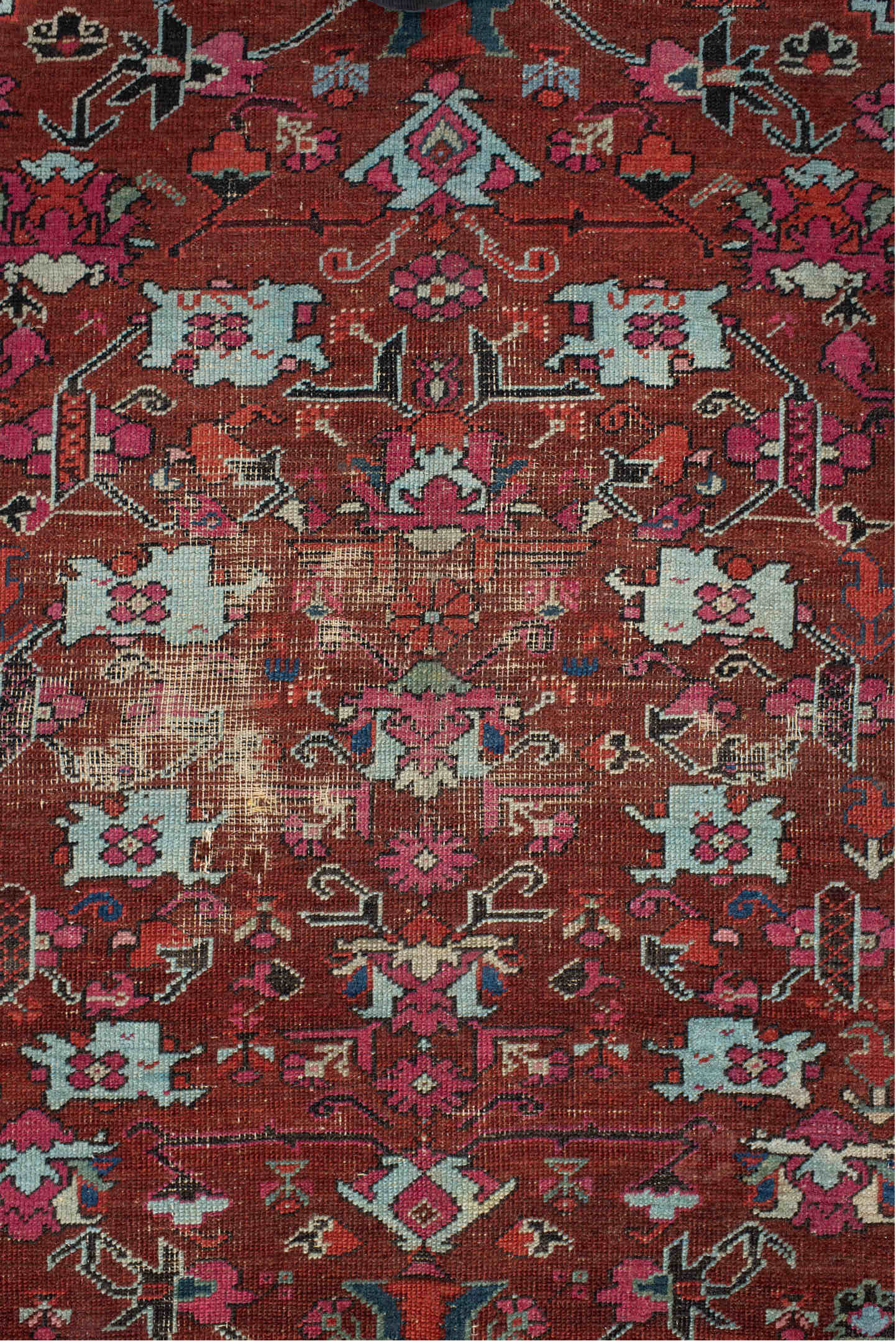 4' x 6' one-of-a-kind handmade vintage Anatol small size rug. Color palette: brown, red, pink, gray, blue, light gray