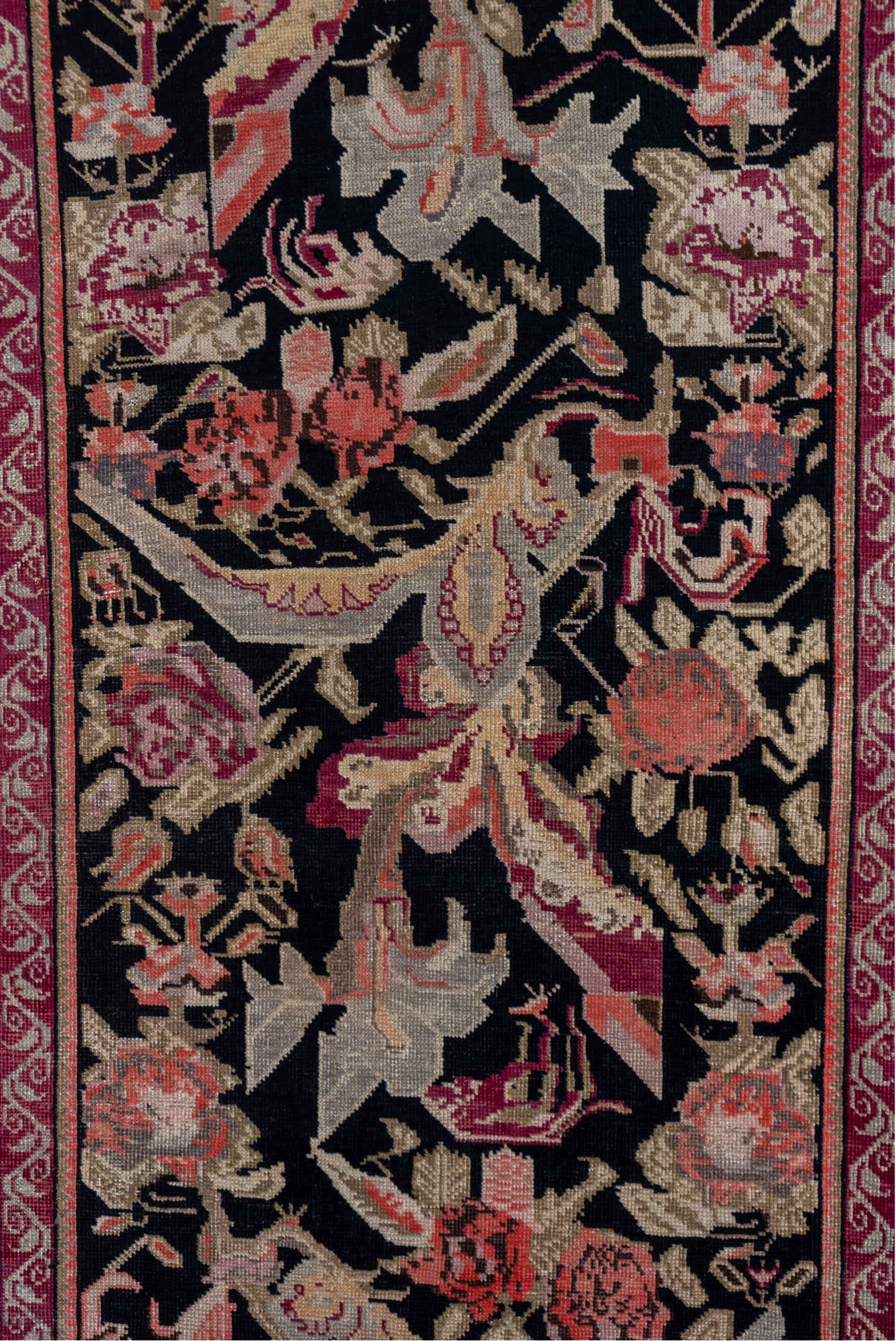 3' x 18' one-of-a-kind handmade vintage Karabagh runner rug. Color palette: black, brown, off-white, orange, pink, red