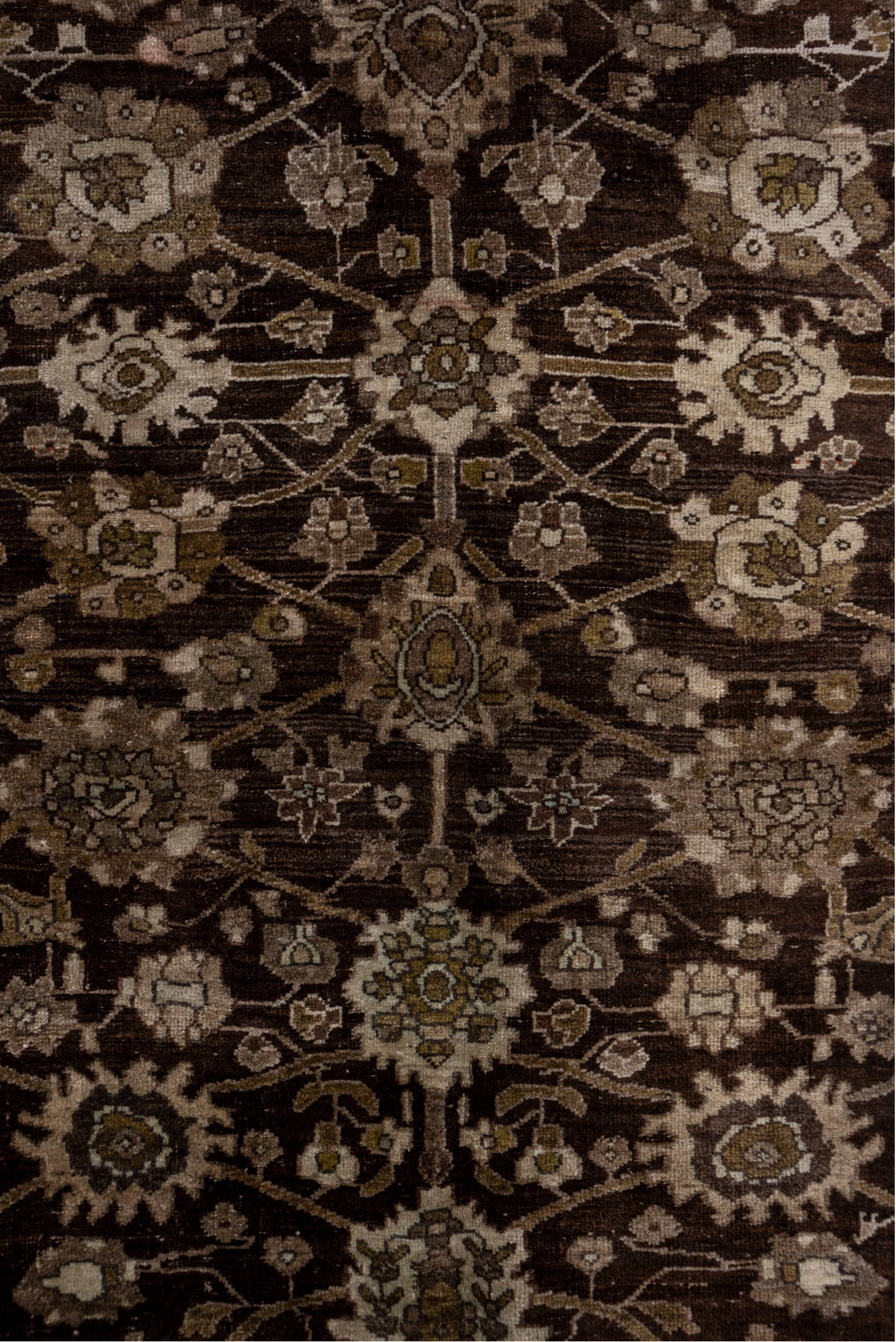 4' x 10' one-of-a-kind handmade vintage Bidjar runner rug. Color palette: brown, gray, light gray, off-white, pink, silver