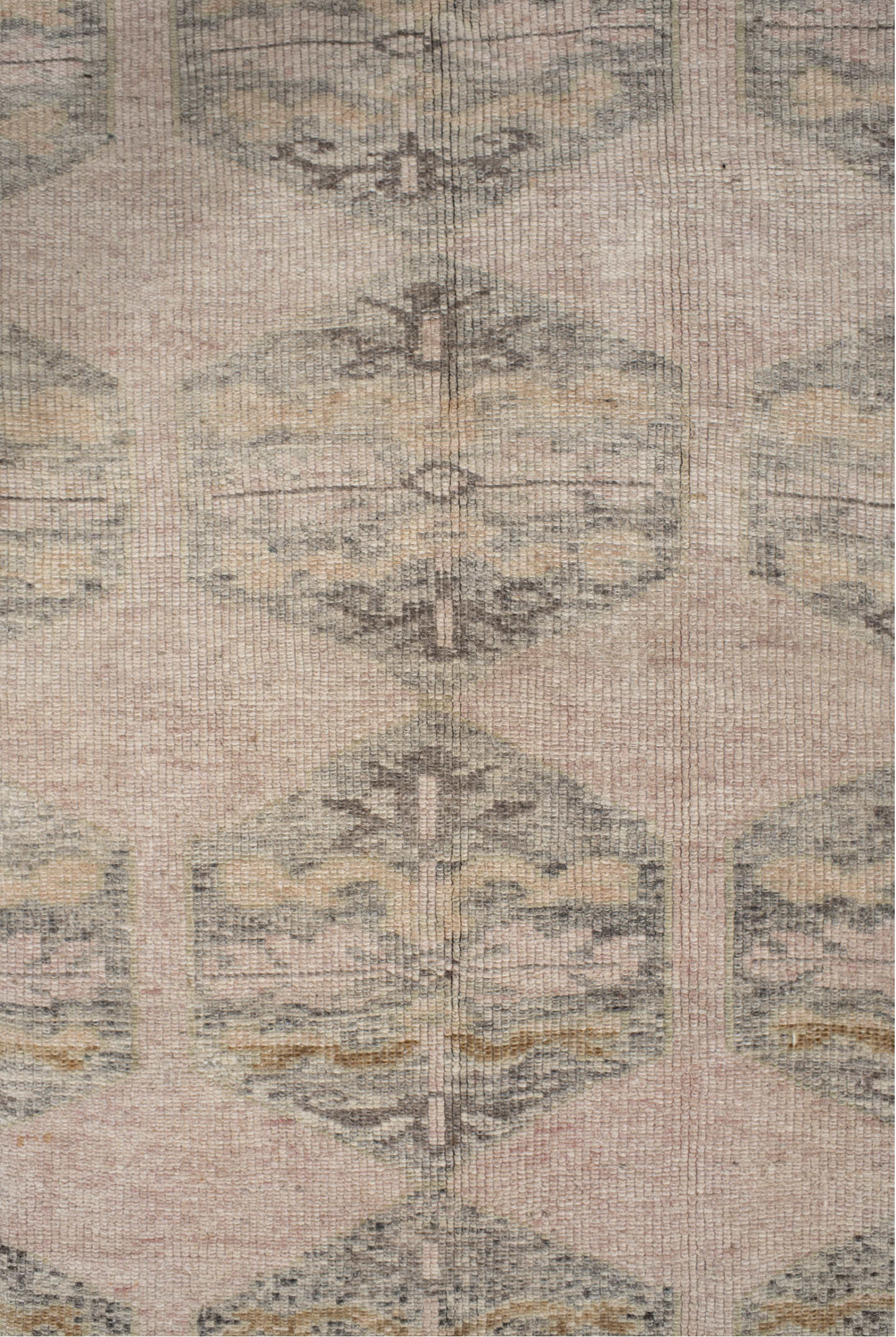 4' x 9' one-of-a-kind handmade vintage Kars runner rug. Color palette: gray, off-white, pink, orange, brown, light gray