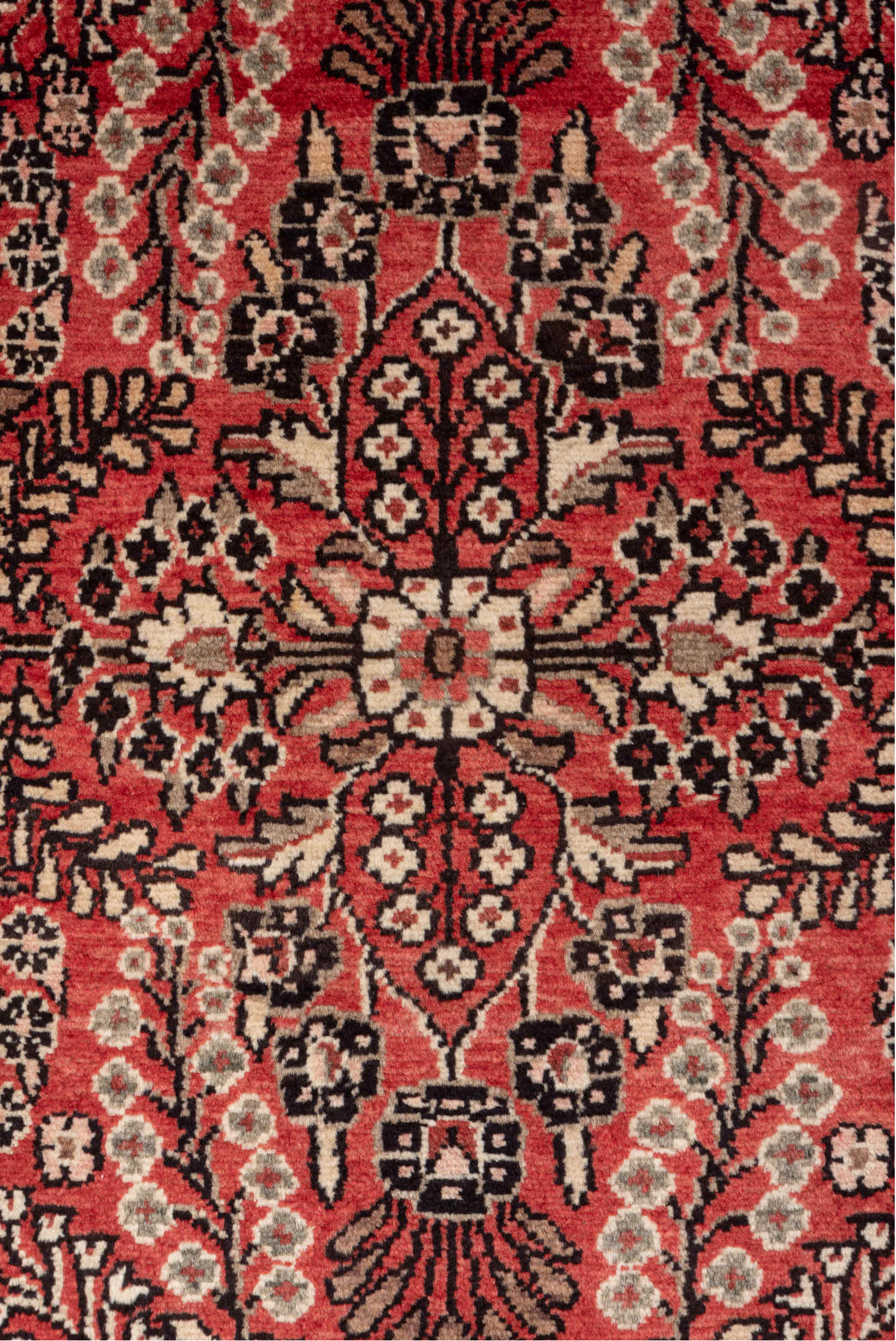 2' x 4' one-of-a-kind handmade vintage Dargazin small size rug. Color palette: black, brown, gray, light gray, pink, red