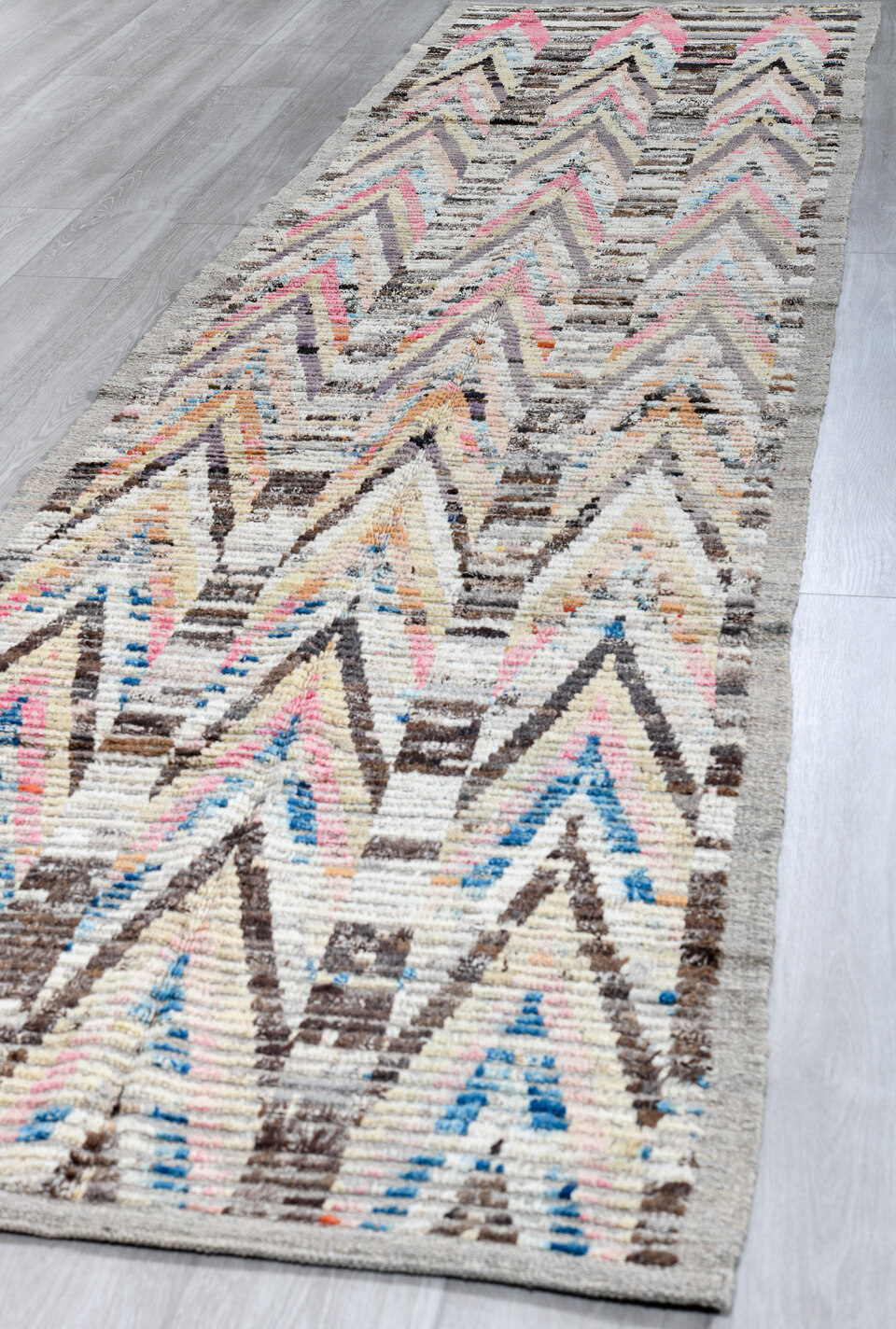 3' x 13' one-of-a-kind handmade vintage Tulu runner rug. Color palette: black, blue, dark gray, gray, light gray, off-white