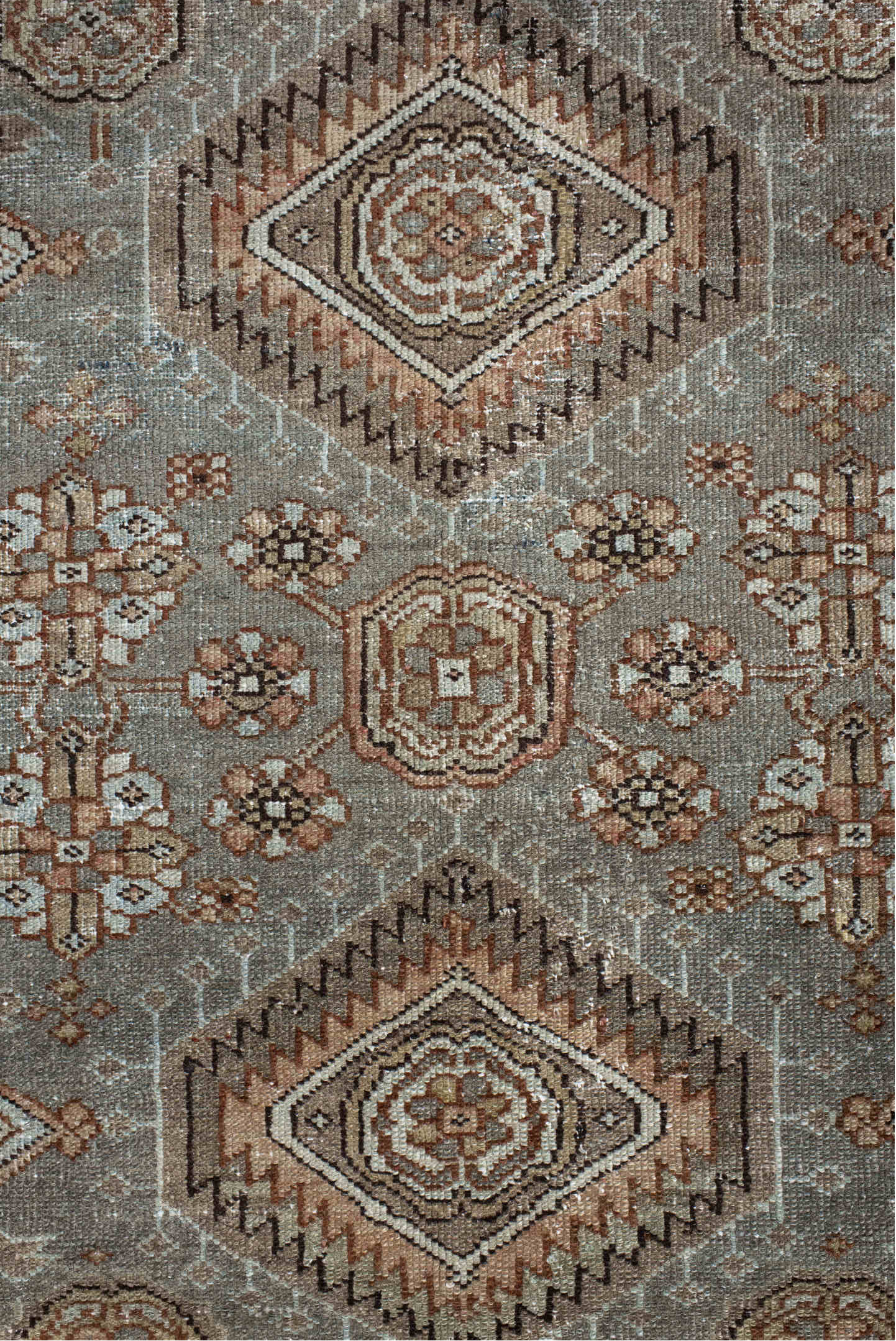 7' x 10' one-of-a-kind handmade vintage Karaje large size rug. Color palette: brown, dark gray, gray, light gray, off-white