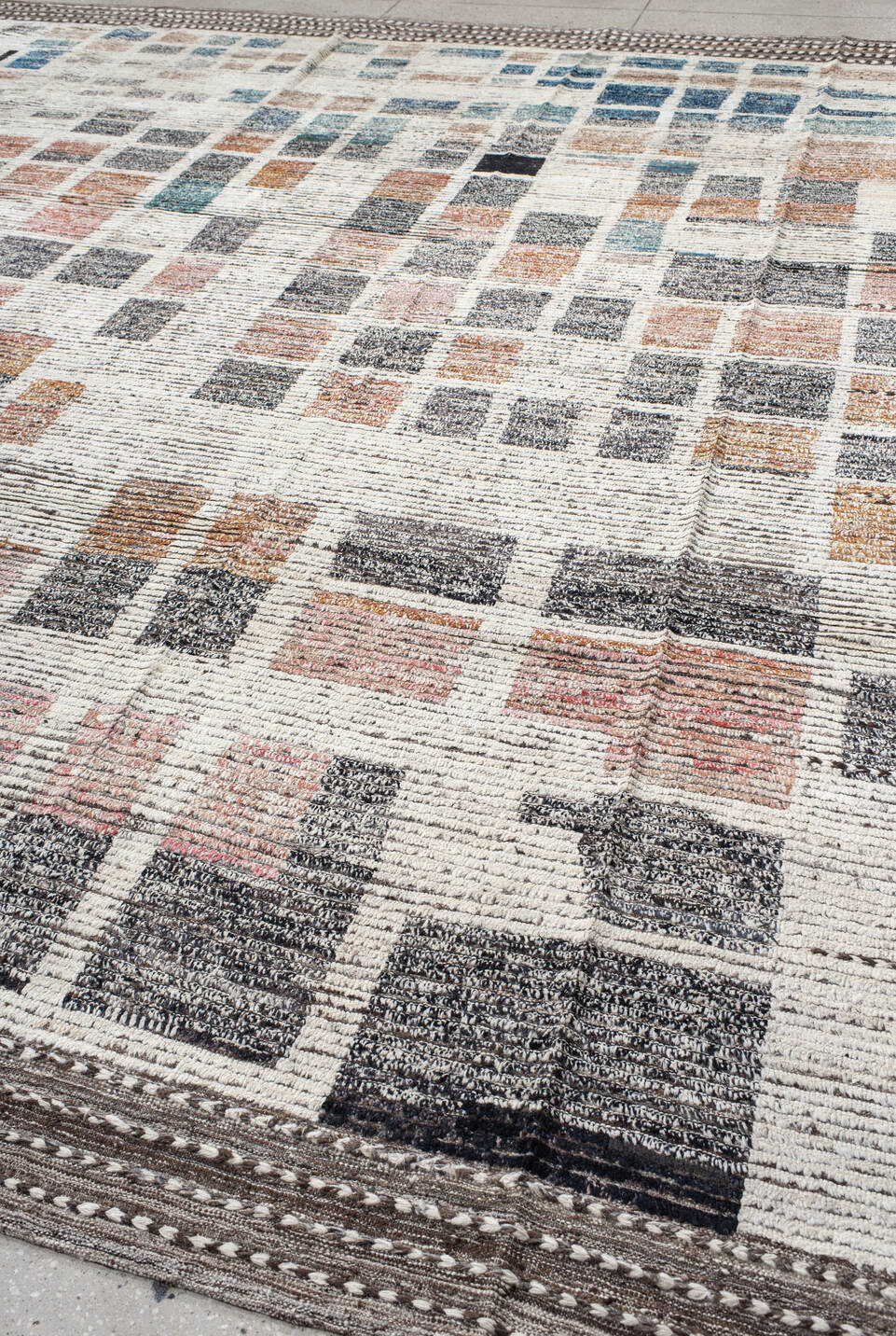 13' x 14' one-of-a-kind handmade vintage Tulu oversize rug. Color palette: black, blue, brown, dark gray, dim gray