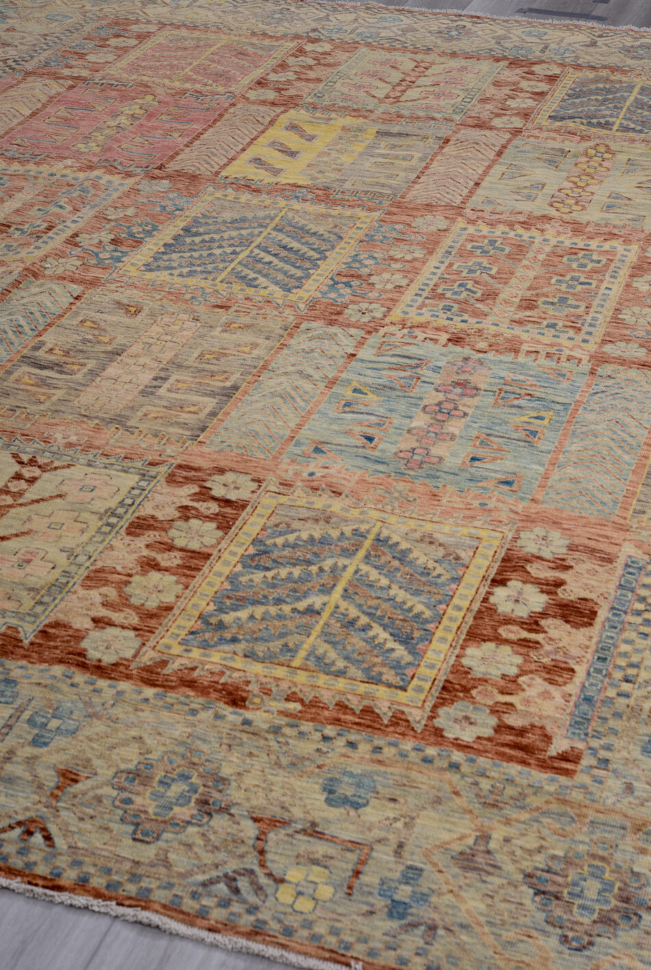 9' x 11' one-of-a-kind handmade vintage Afghan large size rug. Color palette: blue, brown, dim gray, gray, light gray