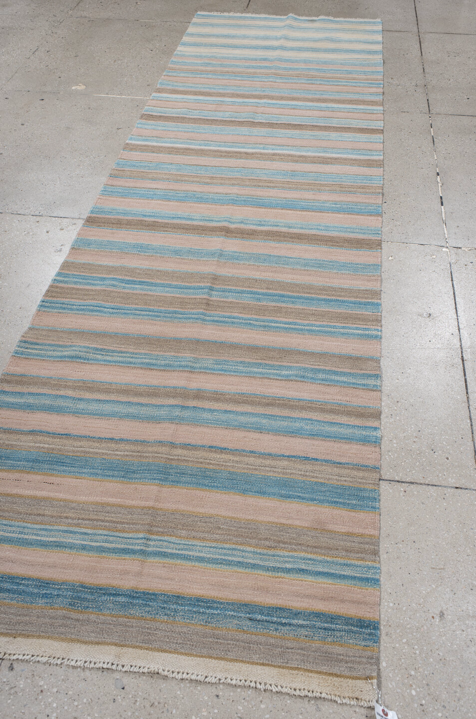 3' x 11' one-of-a-kind handmade vintage Kilim runner rug. Color palette: blue, brown, dark gray, dim gray, gainsboro, gray