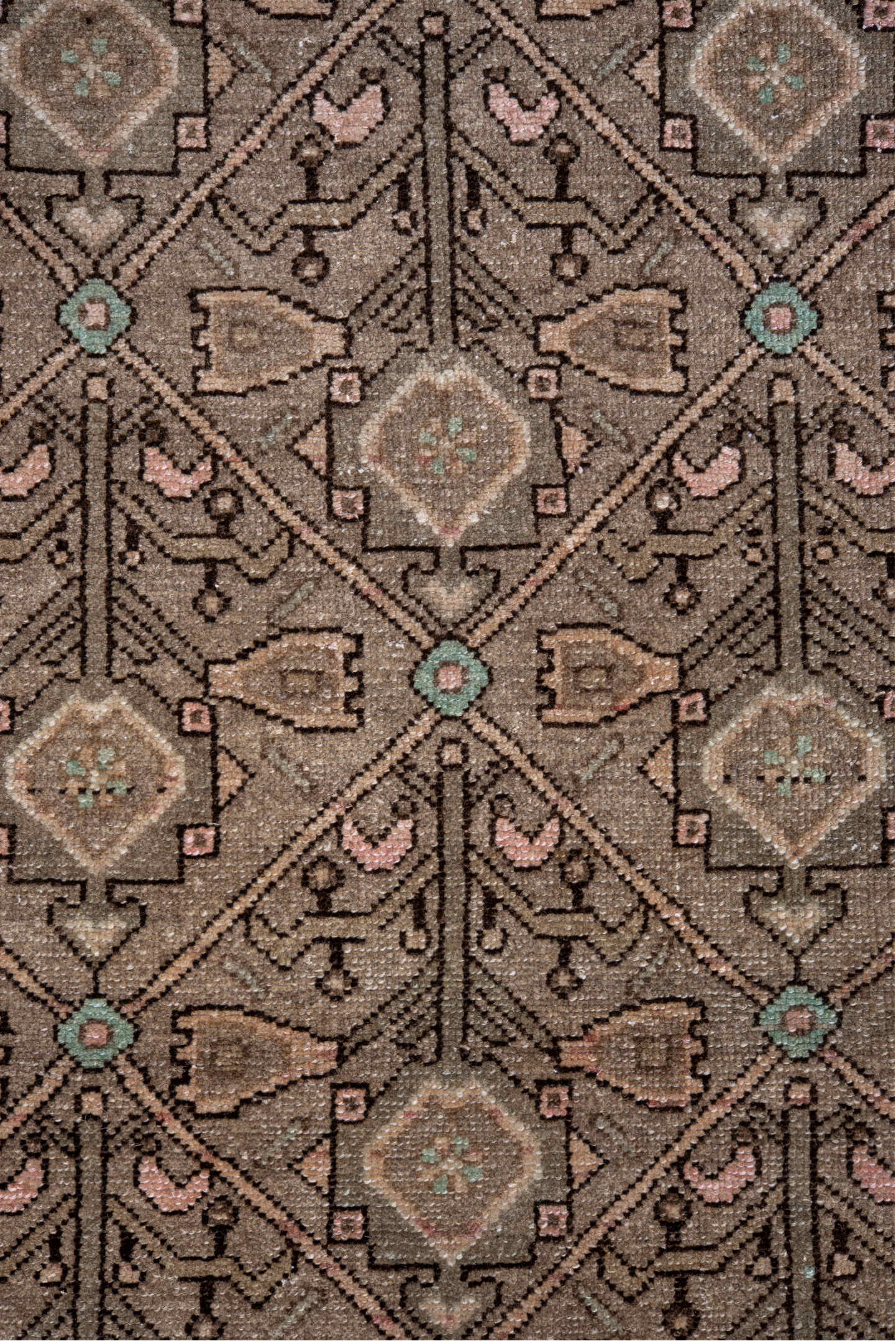 3' x 15' one-of-a-kind handmade vintage Malayer runner rug. Color palette: brown, pink, gray, off-white, white, snow