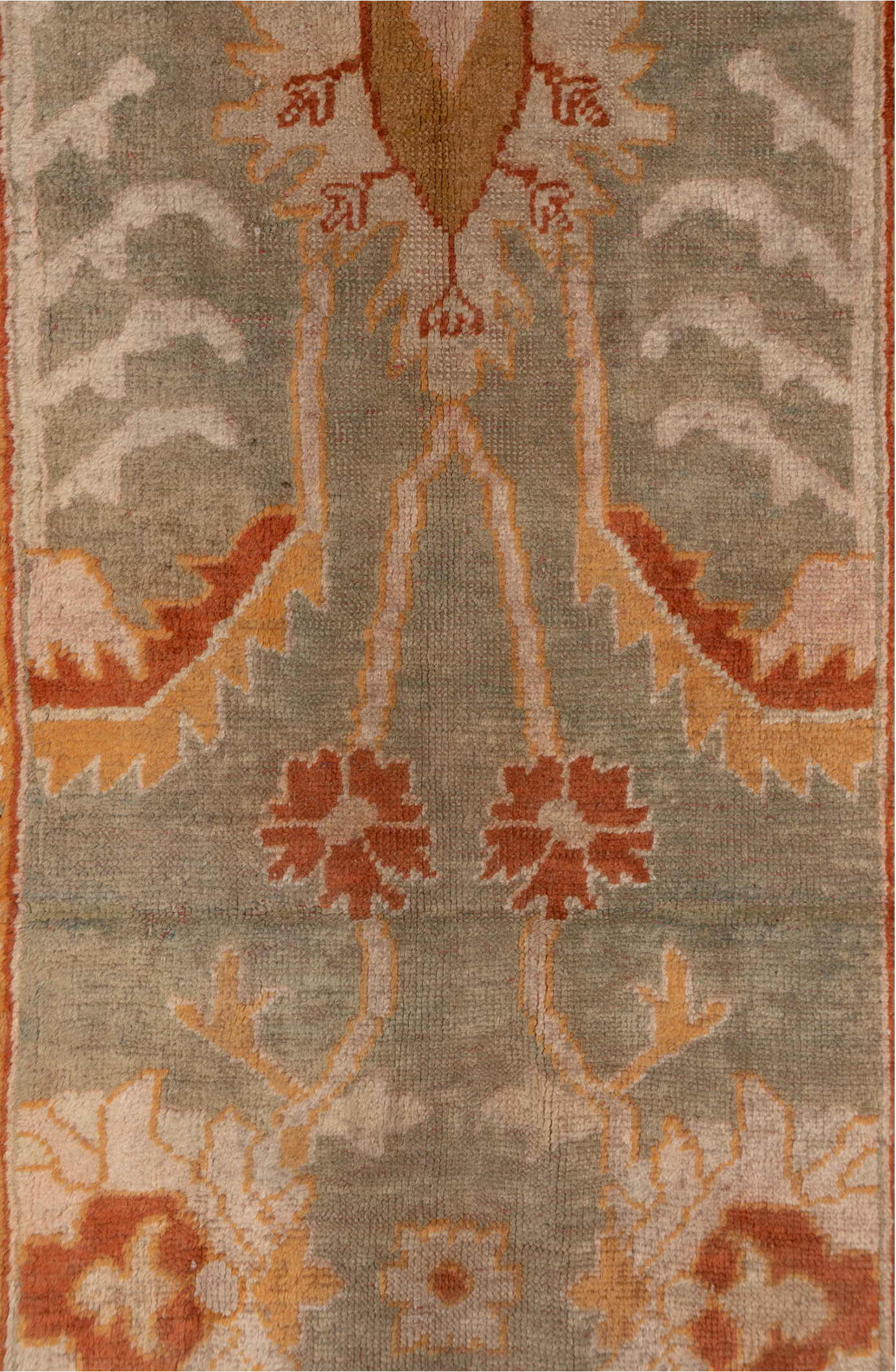 3' x 9' one-of-a-kind handmade vintage Oushak runner rug. Color palette: brown, off-white, pink, red, saddle brown, snow