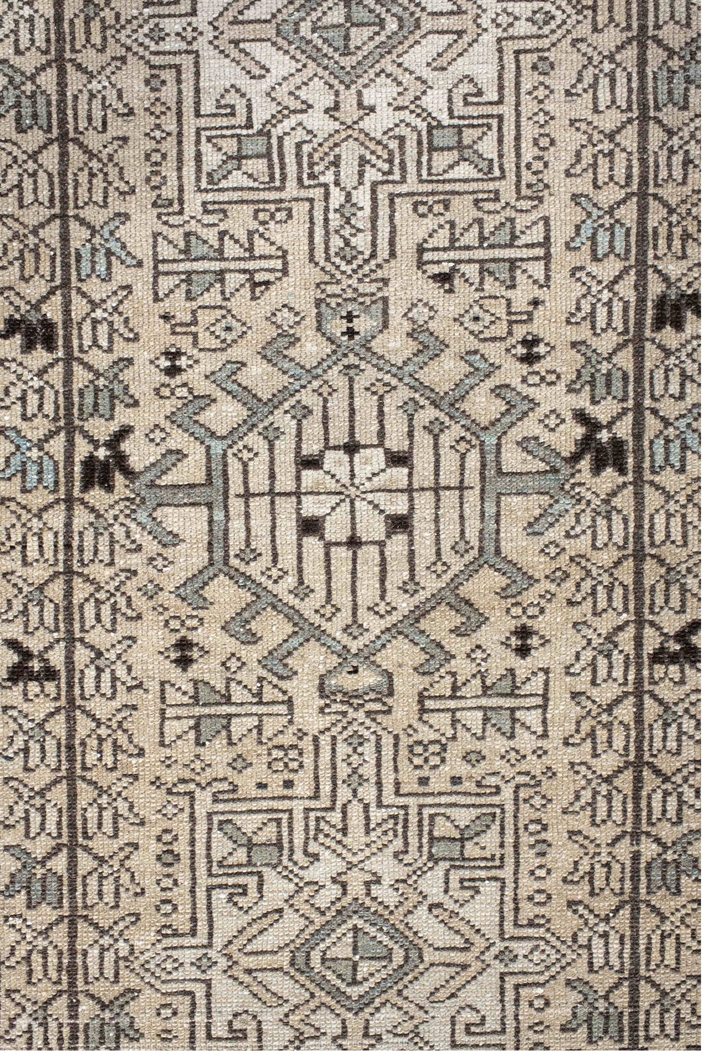 2' x 9' one-of-a-kind handmade vintage Karaje runner rug. Color palette: antiquewhite, black, brown, dark gray, gray