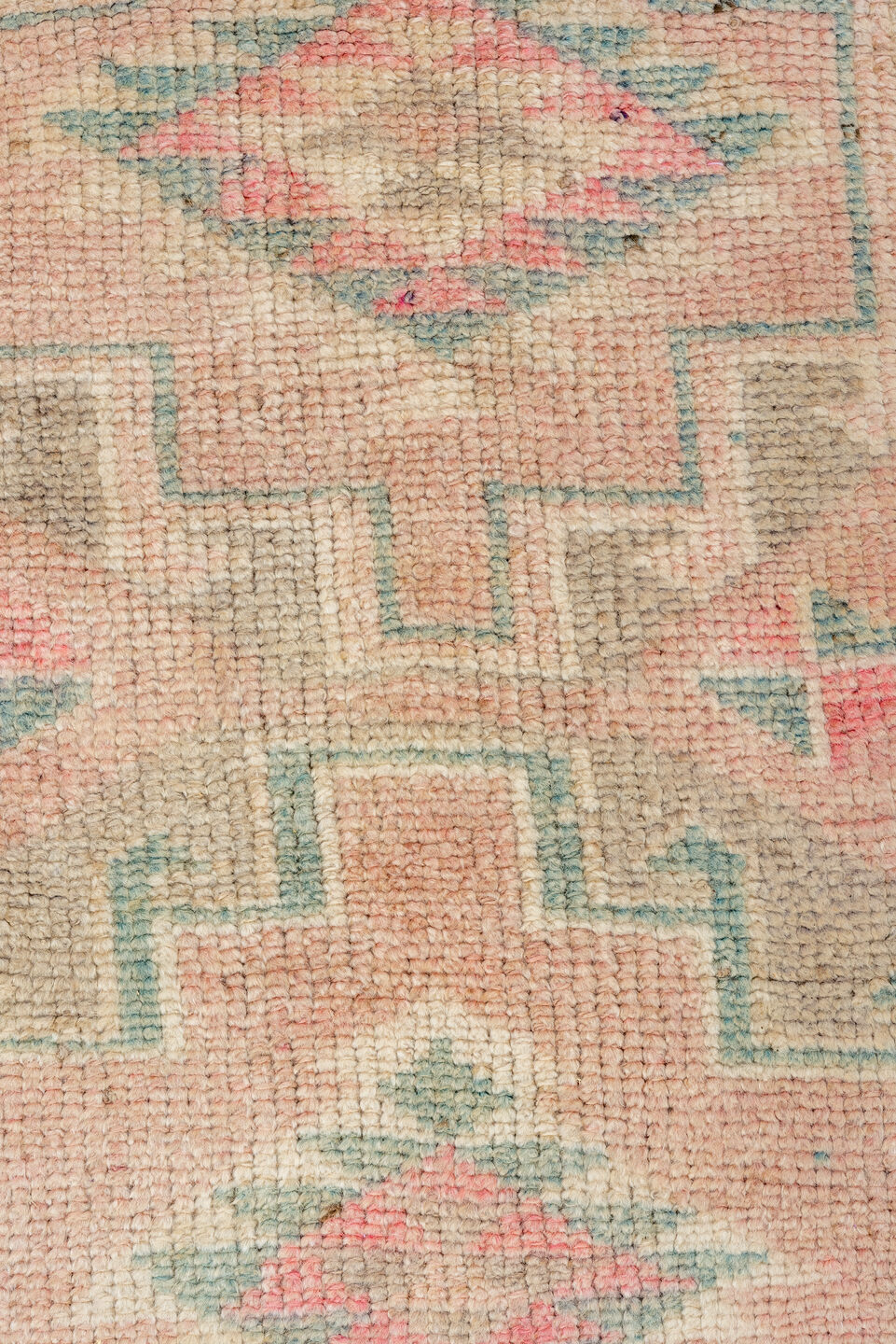 2' x 10' one-of-a-kind handmade vintage Kars runner rug. Color palette: brown, gray, off-white, orange, pink, redwood, snow