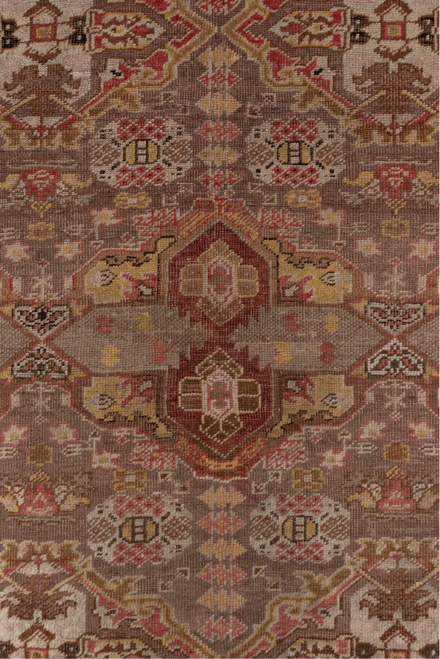 4' x 6' one-of-a-kind handmade vintage Oushak small size rug. Color palette: brown, gray, light gray, off-white, pink, red