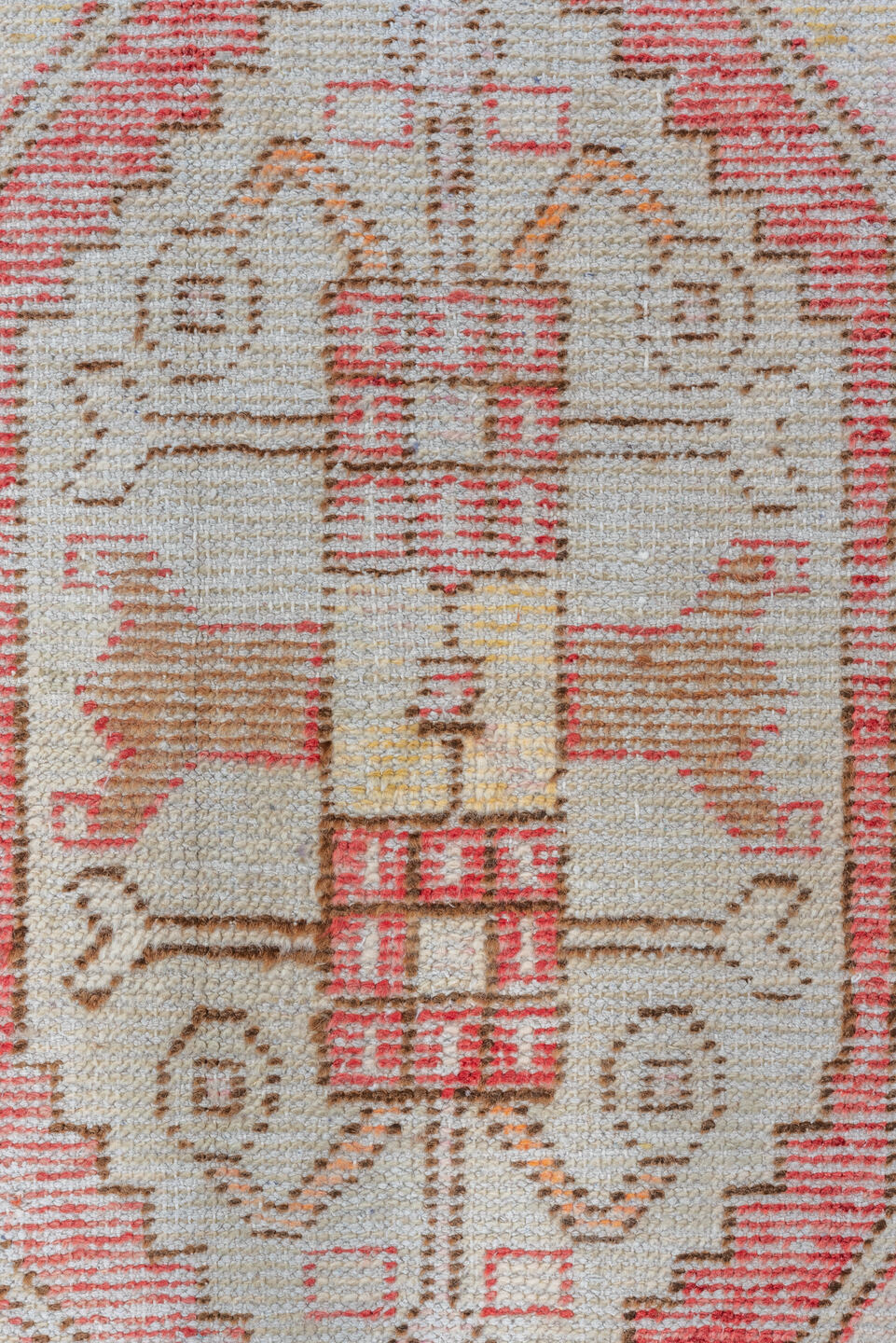 2' x 3' one-of-a-kind handmade vintage Oushak small size rug. Color palette: brown, gray, light gray, off-white, pink