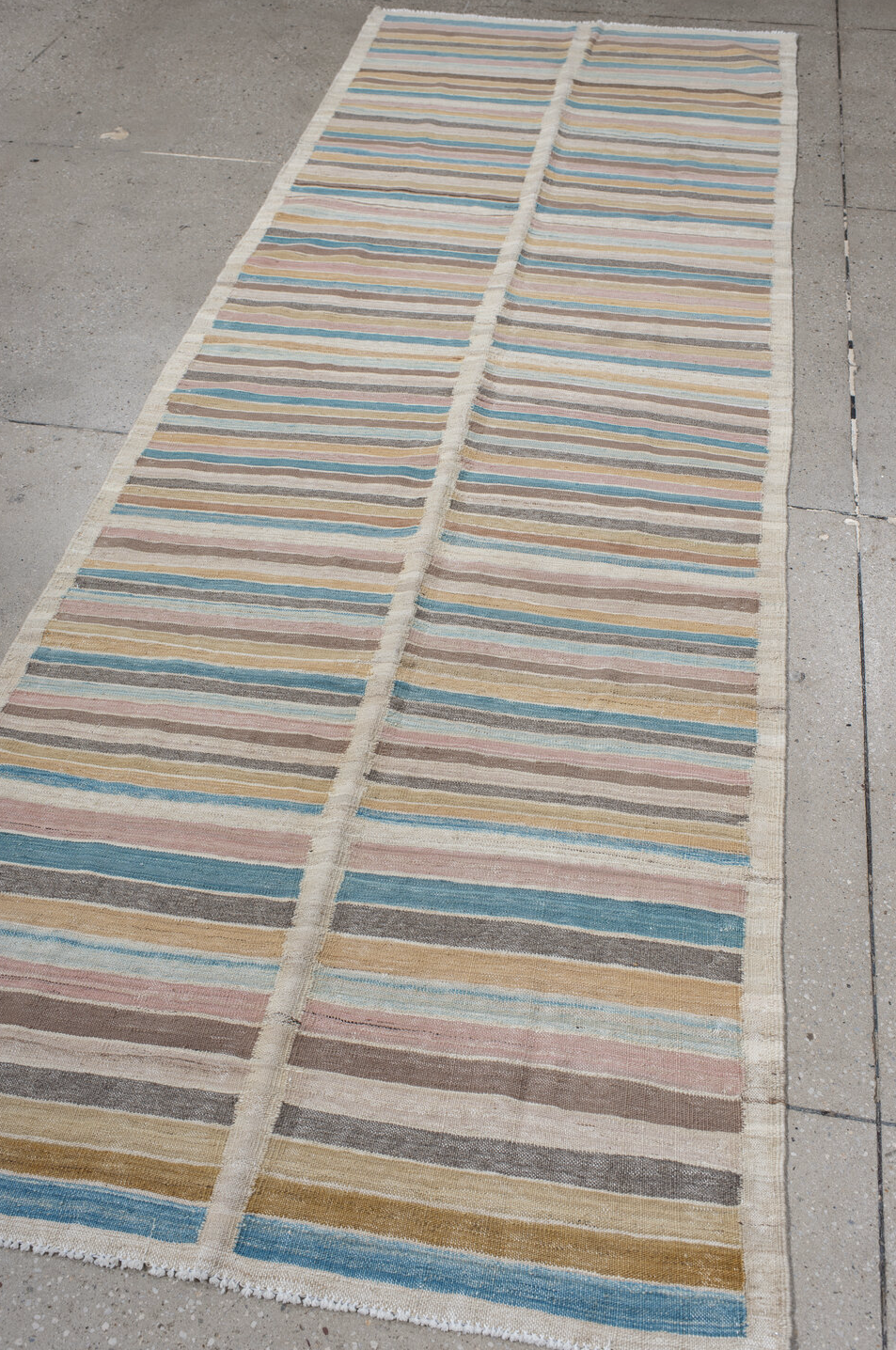 3' x 10' one-of-a-kind handmade vintage Kilim runner rug. Color palette: blue, brown, dark gray, gray, light gray, off-white