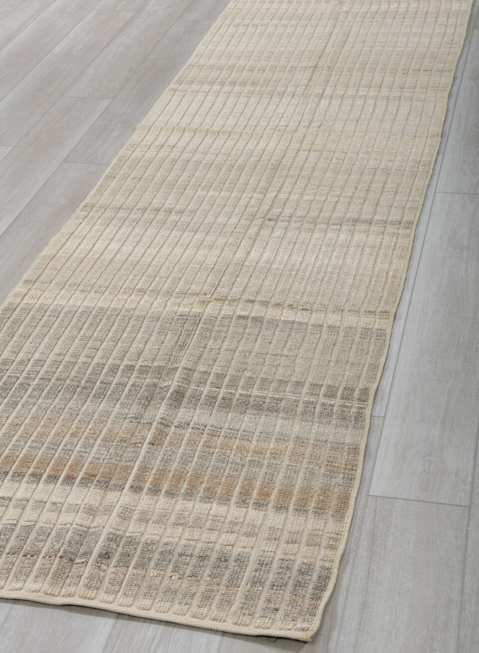 3' x 10' one-of-a-kind handmade vintage Tulu runner rug. Color palette: brown, dark gray, gray, light gray, off-white