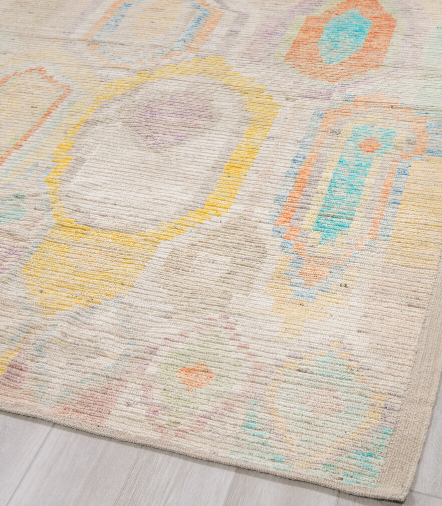 10' x 13' one-of-a-kind handmade vintage Tulu large size rug. Color palette: antiquewhite, blue, brown, gainsboro, gray