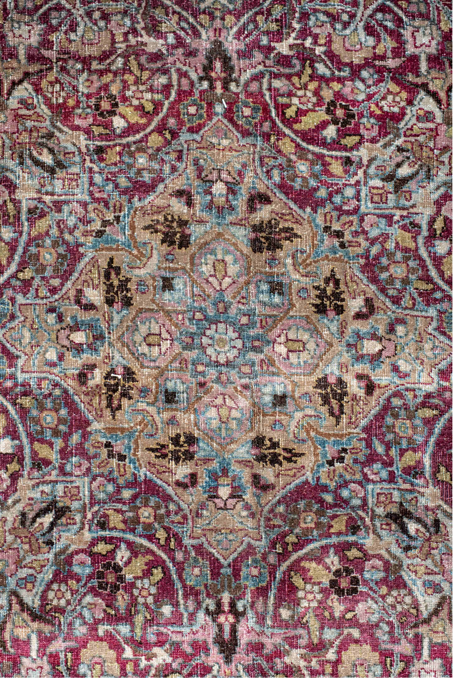 11' x 15' one-of-a-kind handmade vintage Meshed oversize rug. Color palette: brown, light gray, gray, off-white, red, pink