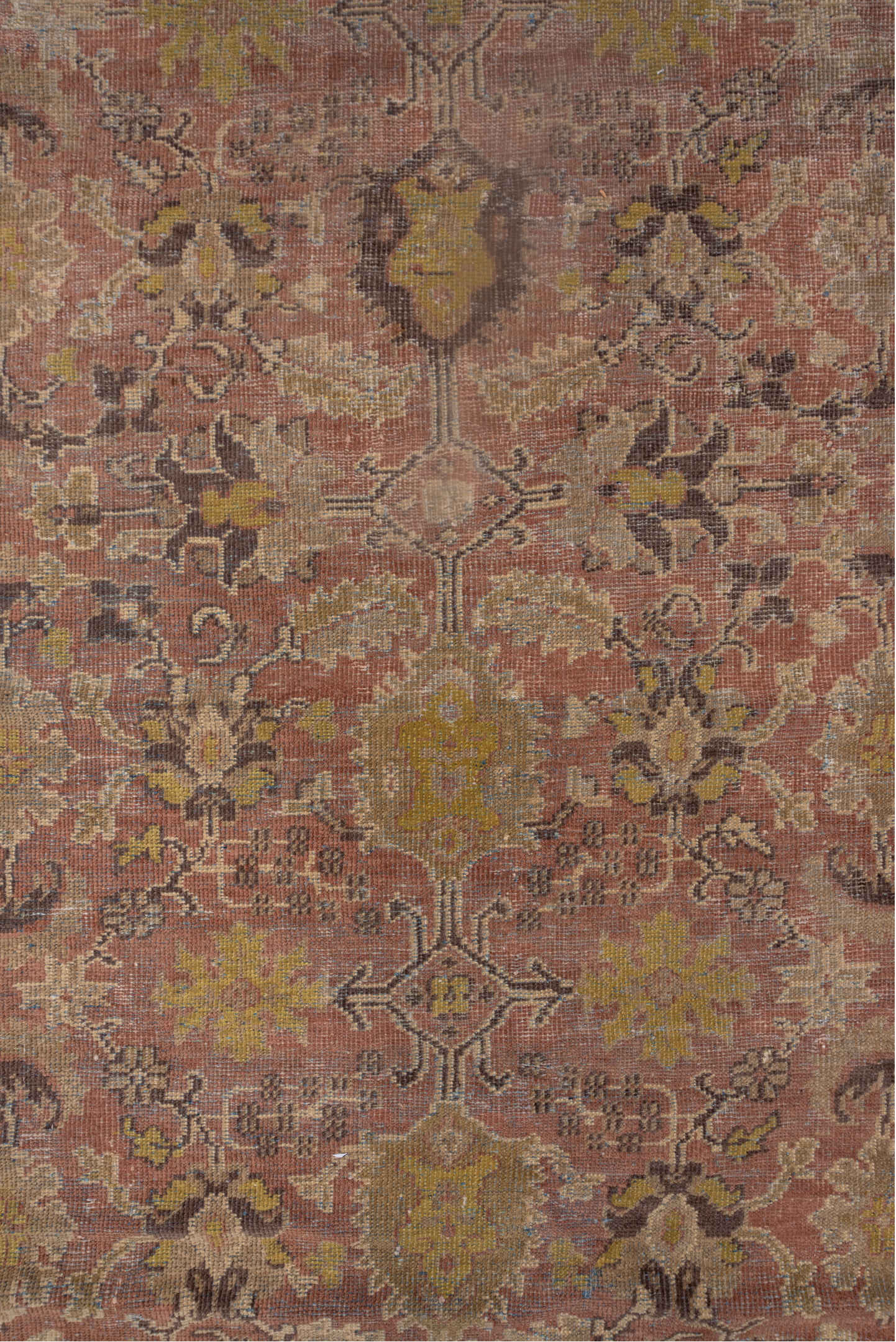 11' x 16' one-of-a-kind handmade vintage Mahal oversize rug. Color palette: brown, gray, light gray, off-white, pink