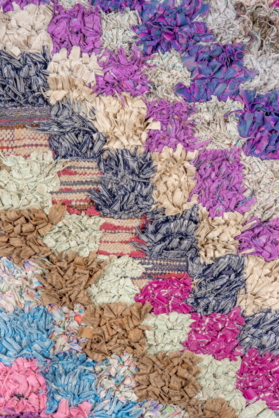 3' x 5' one-of-a-kind handmade vintage Rag Rug small size rug. Color palette: blue, gray, light blue, light gray, off-white