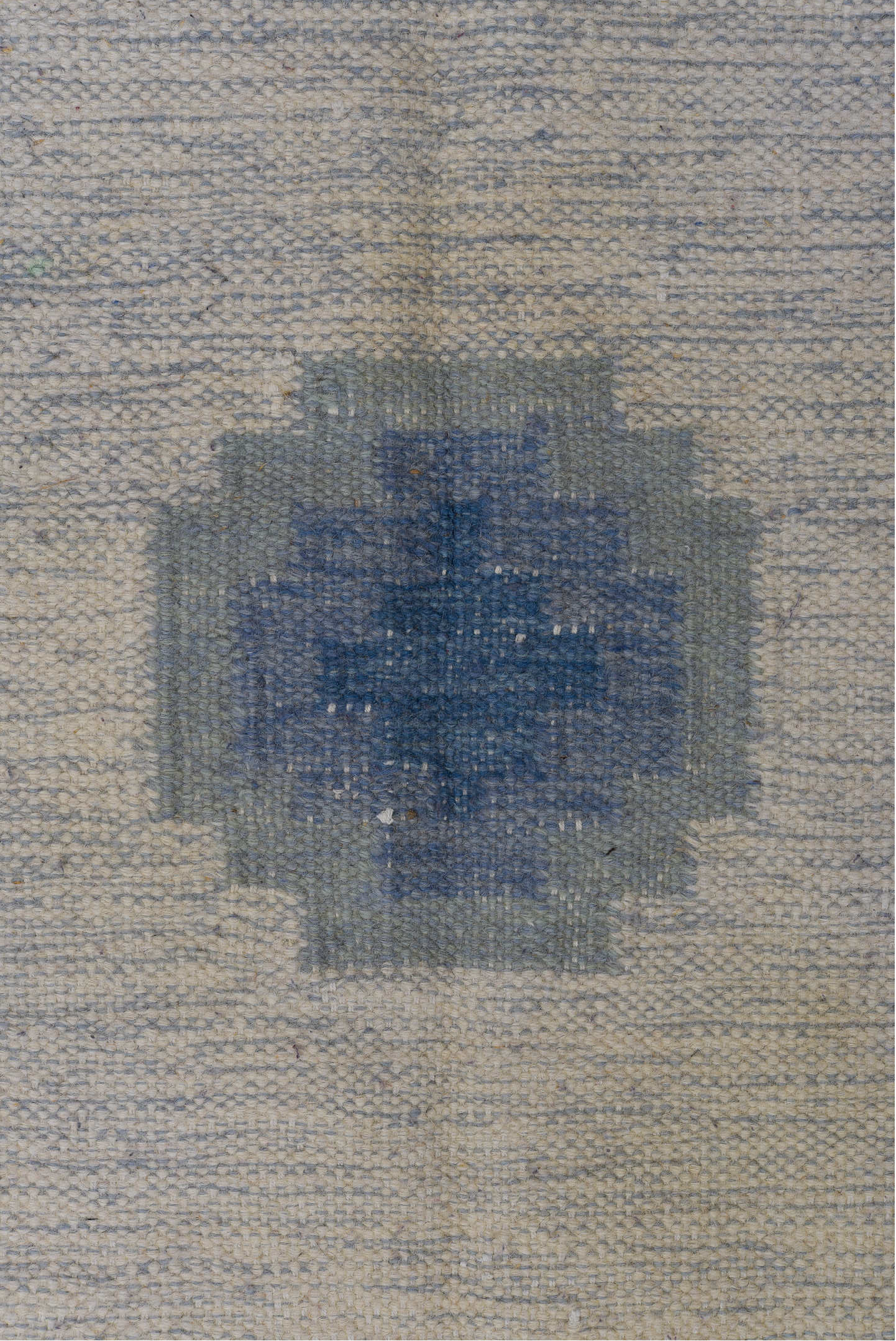 6' x 9' one-of-a-kind handmade vintage Rollaken medium size rug. Color palette: gray, blue, light gray, off-white, brown