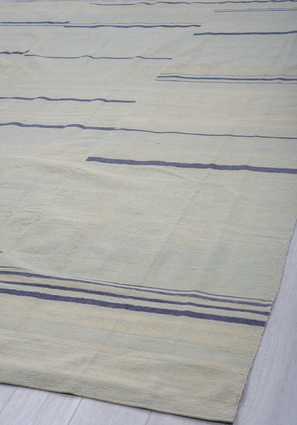 9' x 12' one-of-a-kind handmade vintage Kilim large size rug. Color palette: black, blue, charcoal, dark gray, gray