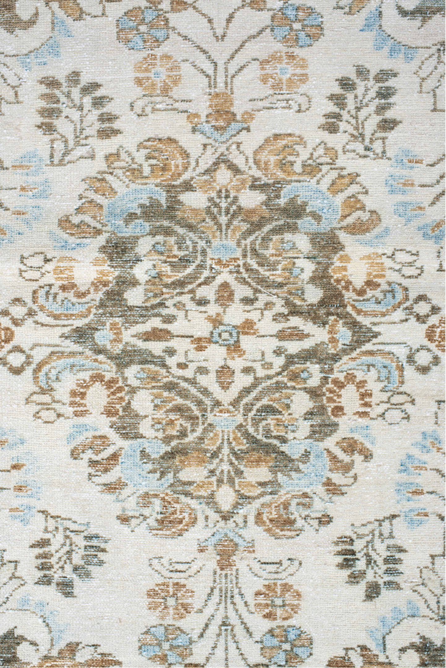 3' x 5' one-of-a-kind handmade vintage Lilian small size rug. Color palette: gray, off-white, light gray, brown, orange