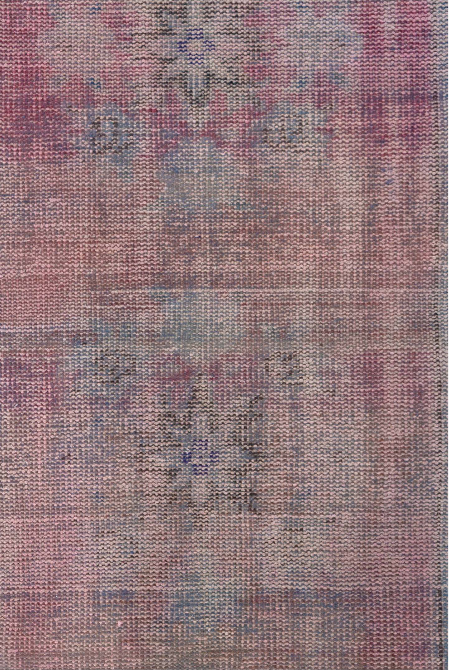 2' x 11' one-of-a-kind handmade vintage Overdyed runner rug. Color palette: brown, gray, off-white, pink, snow, white