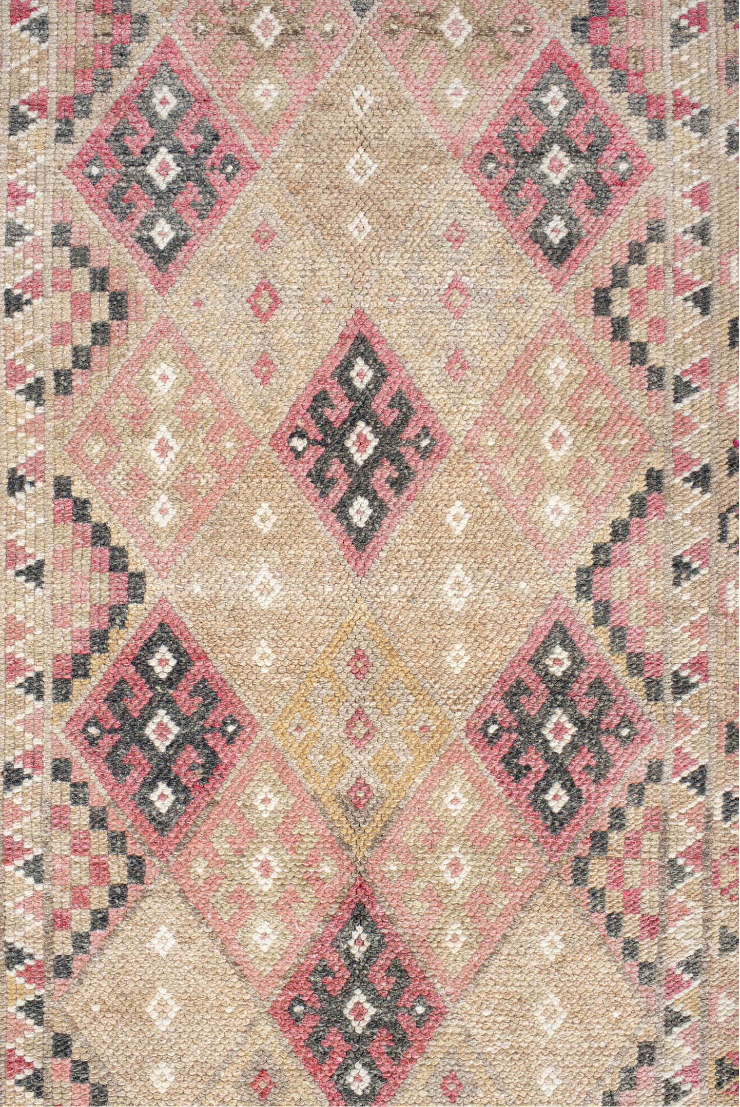 2' x 10' one-of-a-kind handmade vintage Kars runner rug. Color palette: pink, off-white, gray, brown, light gray, red