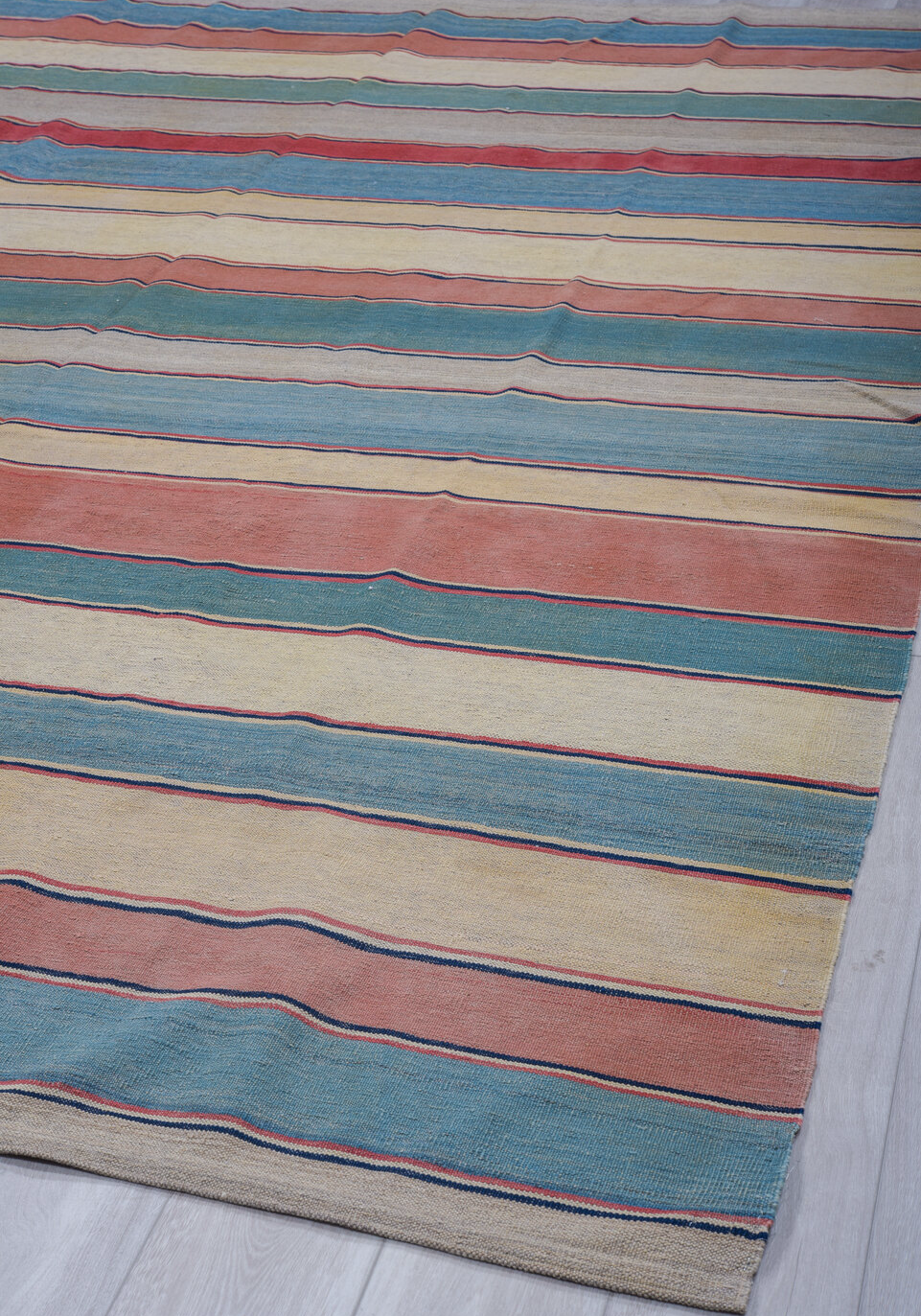 8' x 11' one-of-a-kind handmade vintage Kilim large size rug. Color palette: blue, brown, dark gray, fiord, gray, light blue