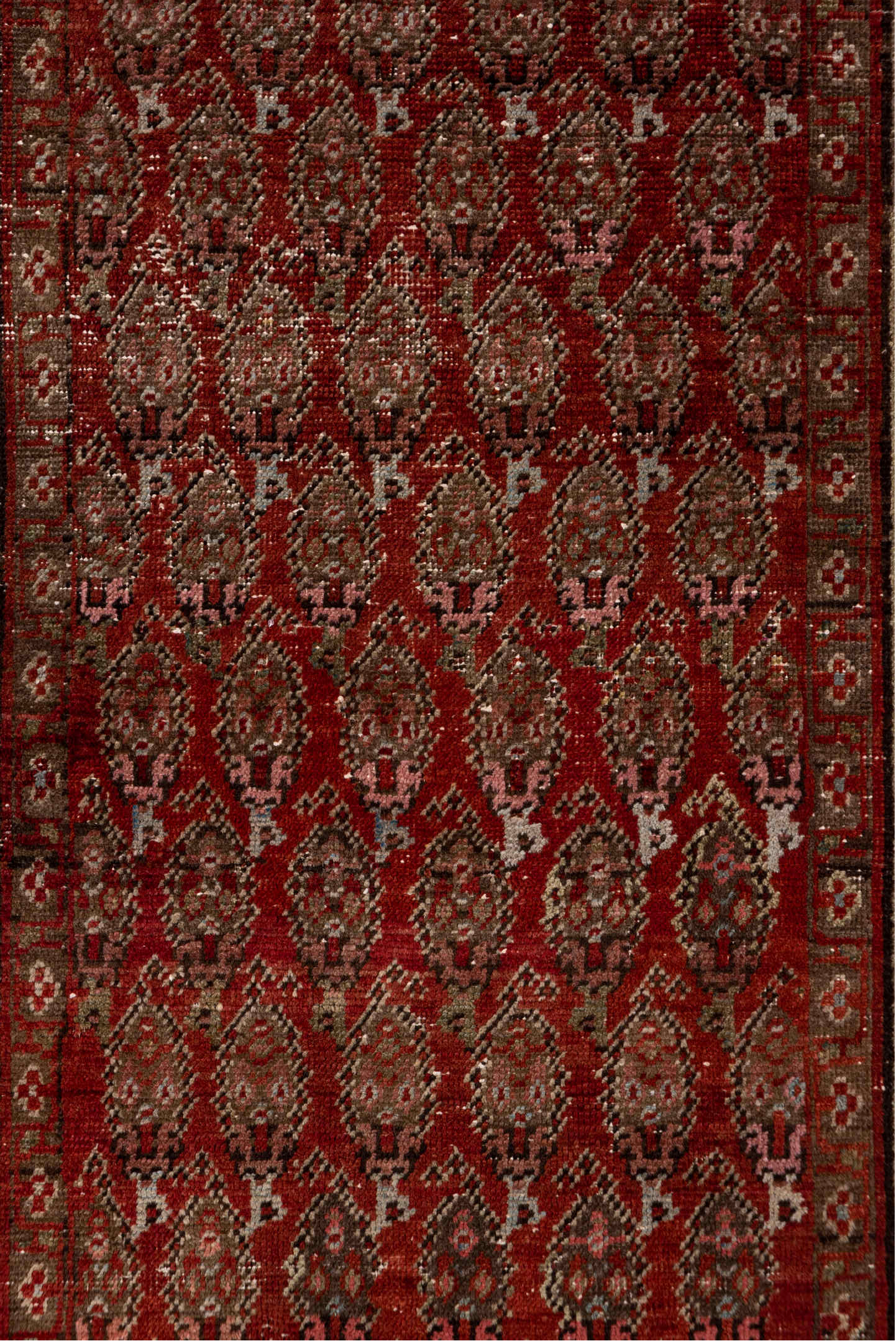 3' x 19' one-of-a-kind handmade vintage Saraband runner rug. Color palette: brown, gray, light gray, pink, red