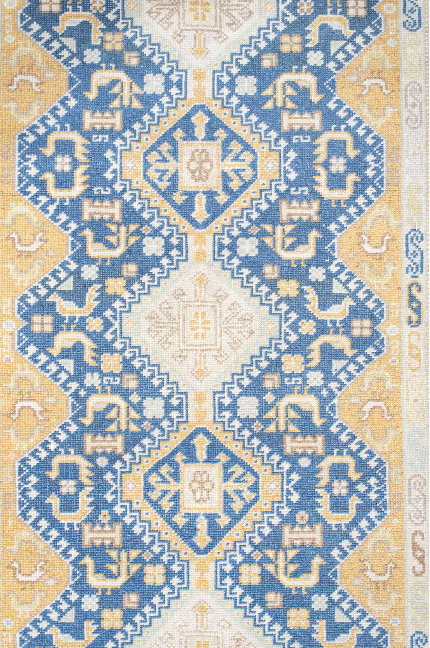 2' x 11' one-of-a-kind handmade vintage Sivas runner rug. Color palette: blue, brown, gainsboro, gray, light gray, off-white
