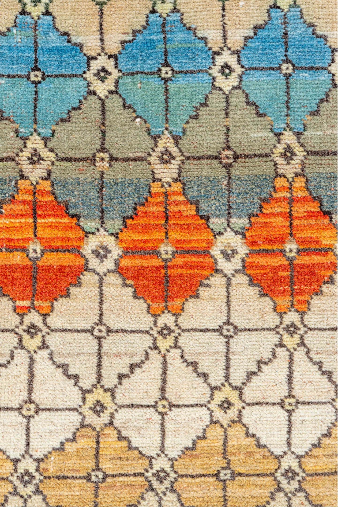 2' x 6' one-of-a-kind handmade vintage Oushak runner rug. Color palette: black, blue, brown, gray, light blue, light gray