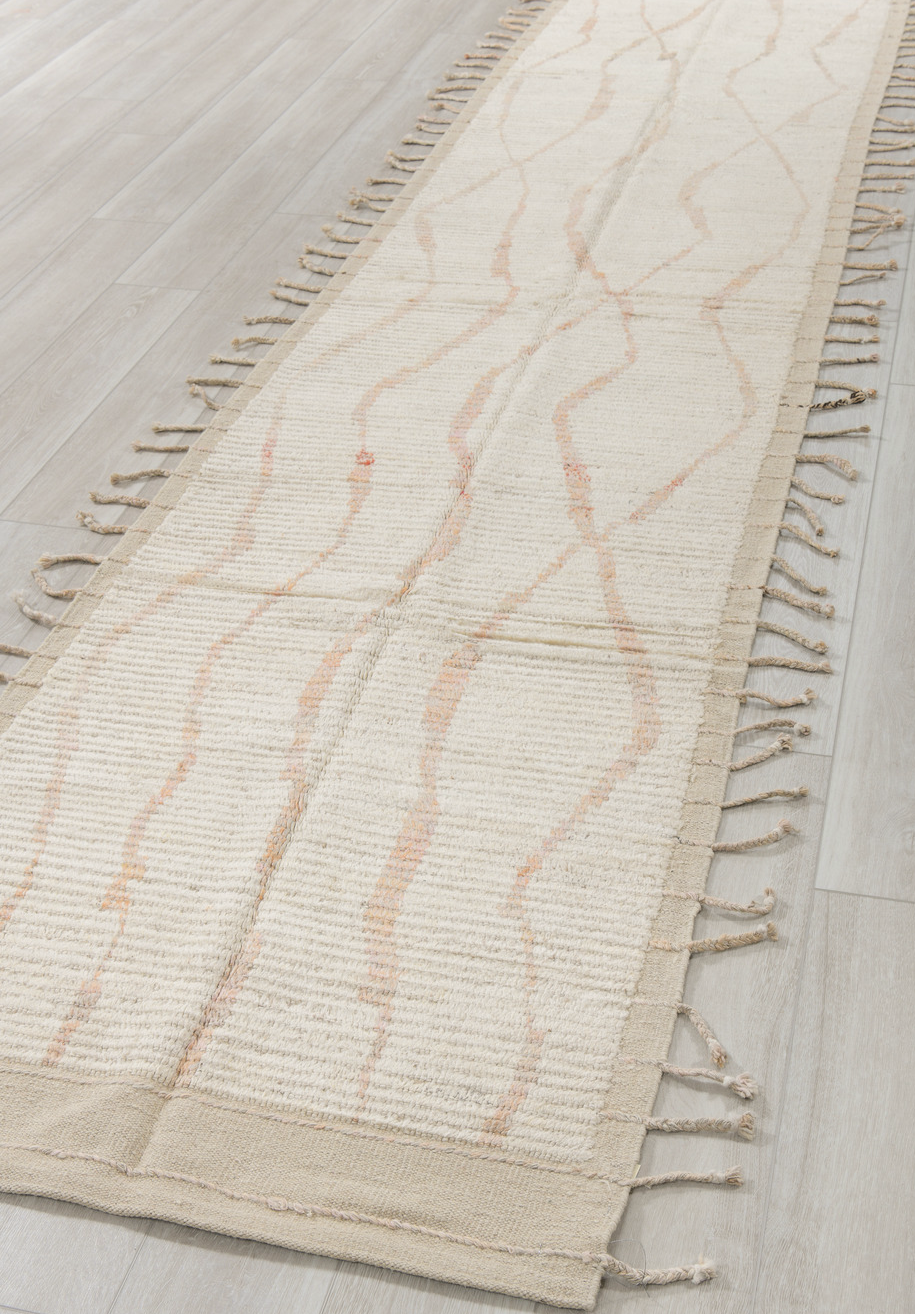 3' x 13' one-of-a-kind handmade vintage Tulu runner rug. Color palette: brown, gainsboro, gray, light gray, linen, off-white