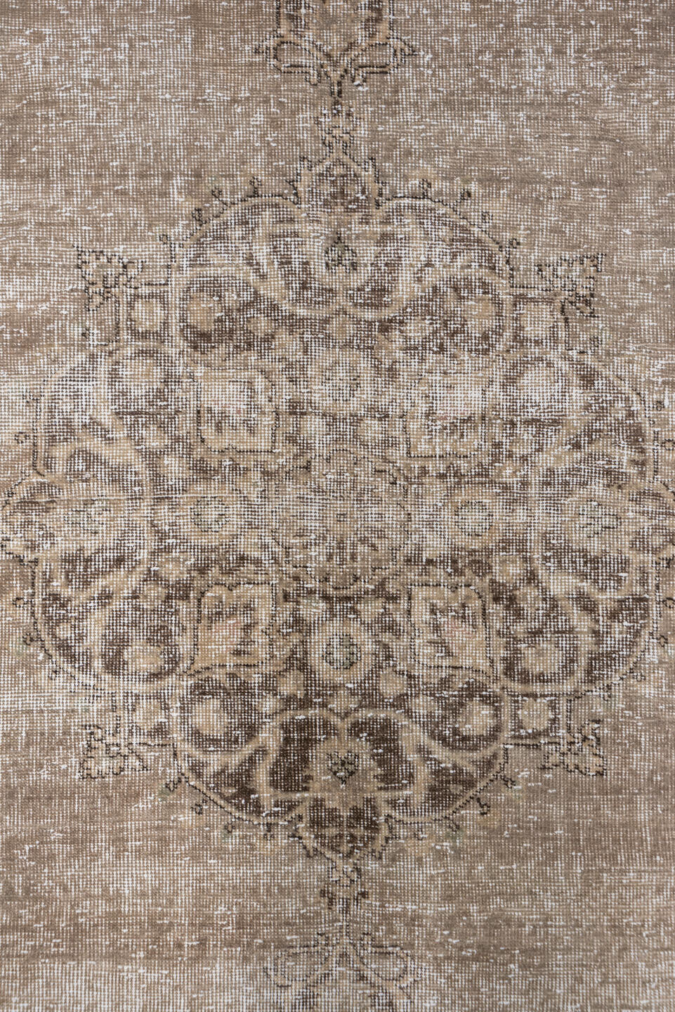 4' x 8' one-of-a-kind handmade vintage Oushak rug. Color palette: brown, gray, light gray, linen, off-white, pink