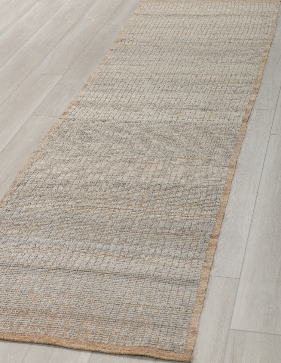 2' x 10' one-of-a-kind handmade vintage Tulu runner rug. Color palette: gray, light gray, off-white, silver