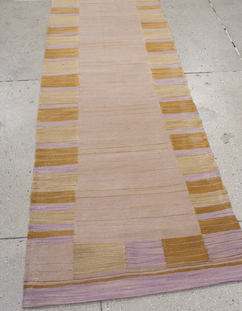 2' x 10' one-of-a-kind handmade vintage Kilim runner rug. Color palette: brown, gray, light gray, pink