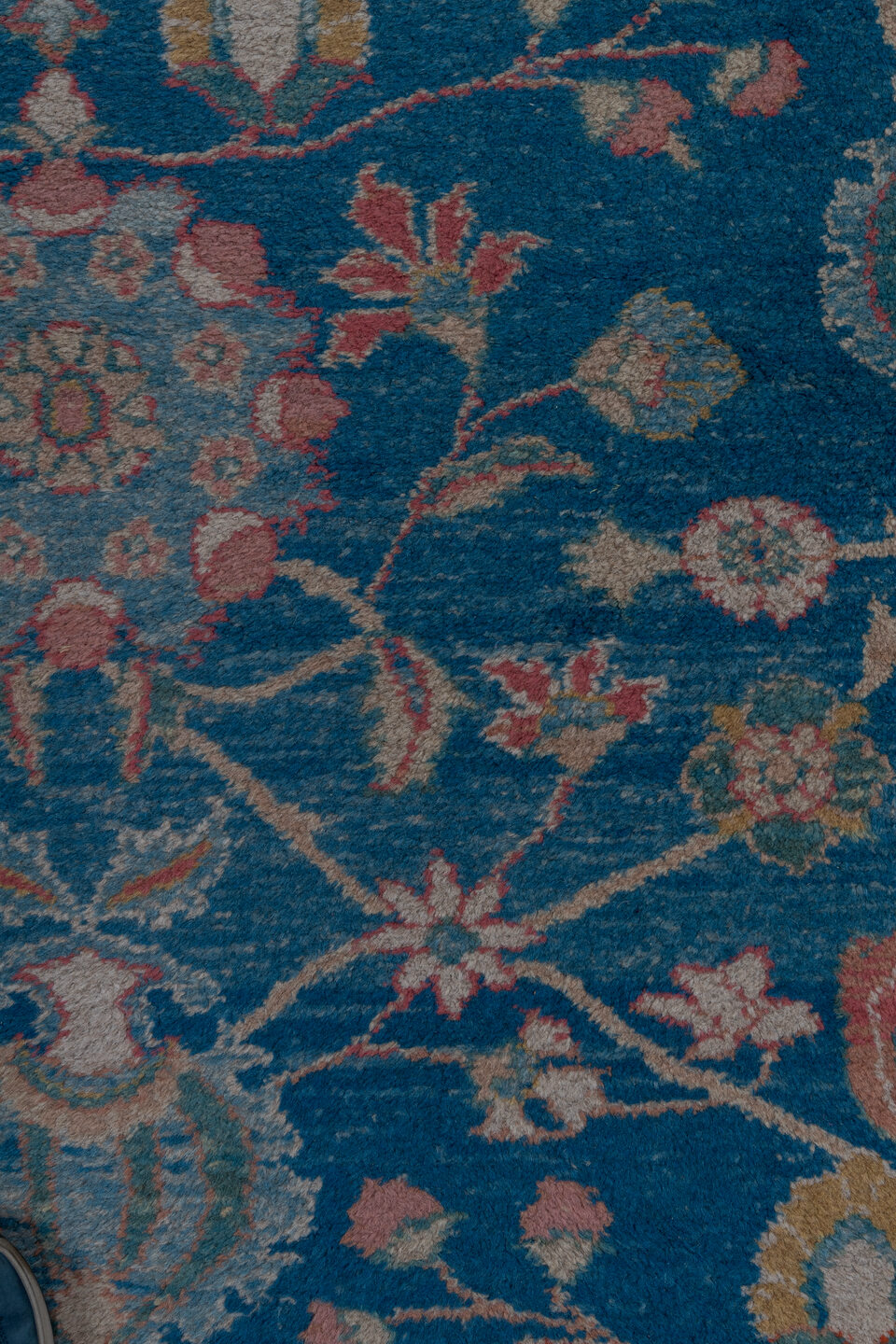 2' x 14' one-of-a-kind handmade vintage Mahal runner rug. Color palette: arapawa, blue, fiord, gray, off-white, pink, snow