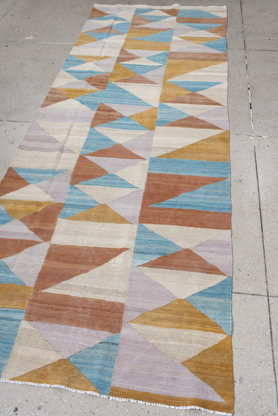 3' x 9' one-of-a-kind handmade vintage Kilim runner rug. Color palette: light gray, off-white, gray, pink, blue, brown